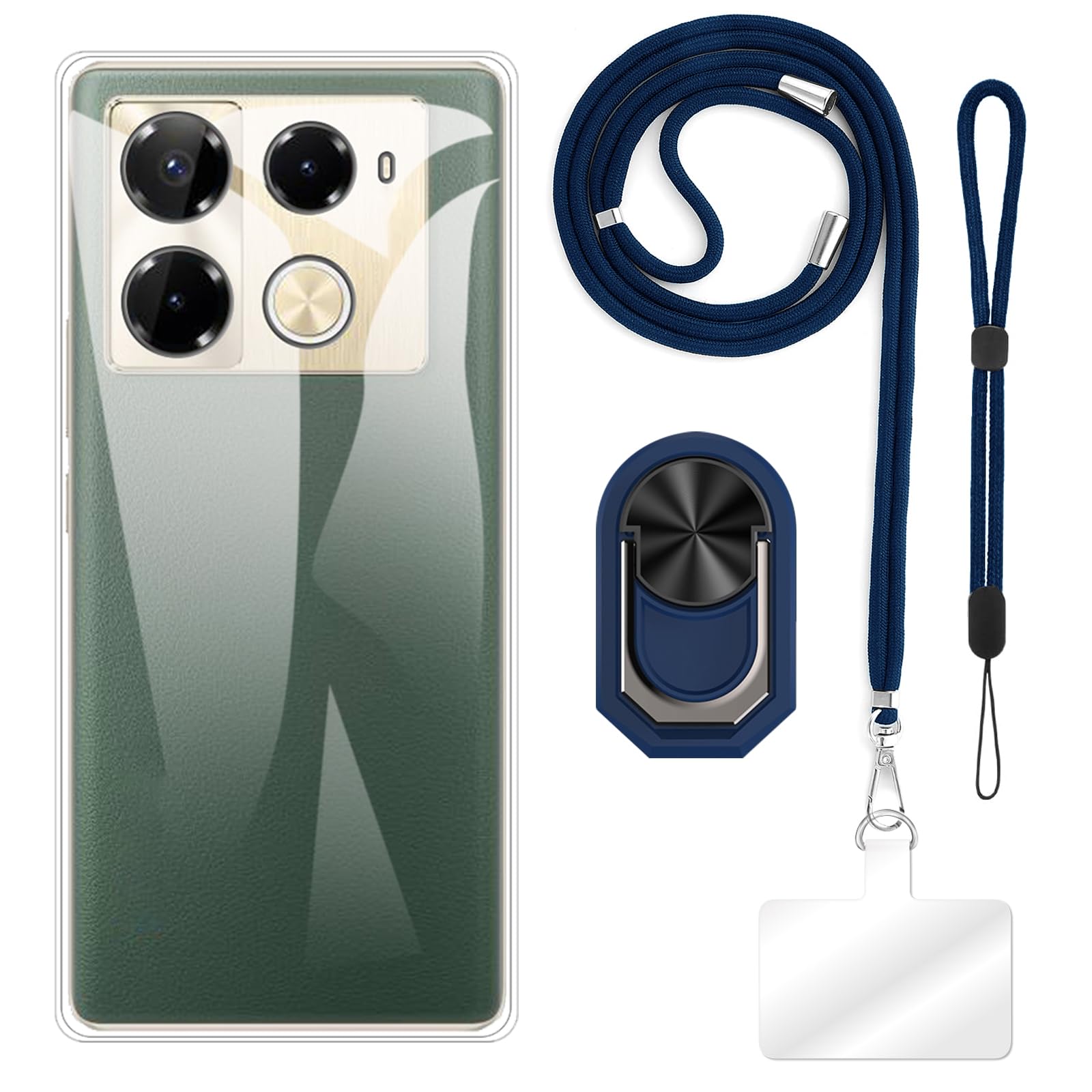 [4 in 1]Case Compatible with Infinix Note 40 Pro Plus 5G X6851B with Lanyard, Wrist Strap and Ring Holder, Protective Cover Anti-Drop Secure Travel Kit (Clear+Blue Set)
