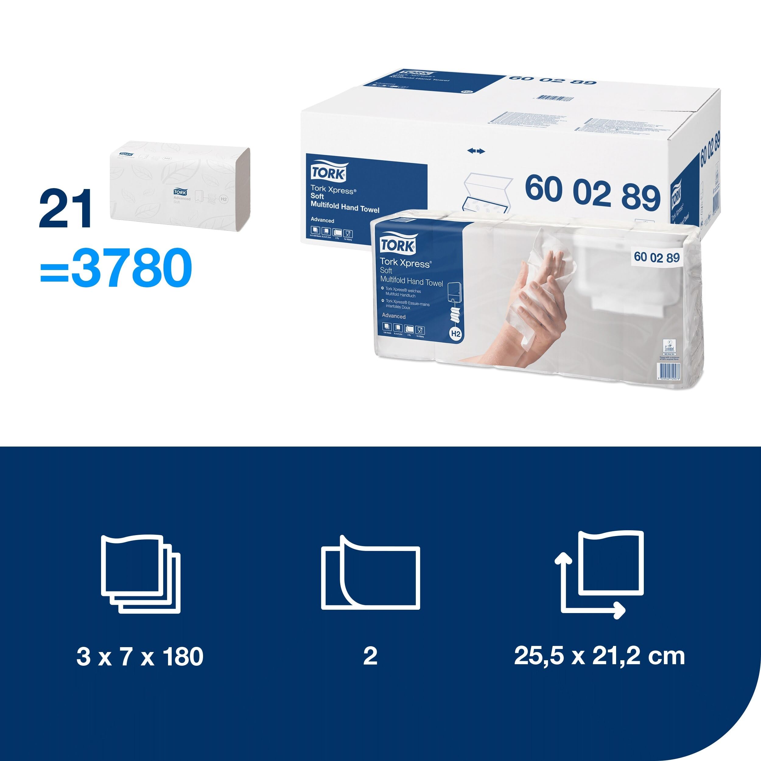 Tork Xpress Asciugamani multipiega Soft Bianco H2, Advanced, 2 veli, piega a Z, assorbente, 3 x 7 x 180 fogli, 600289