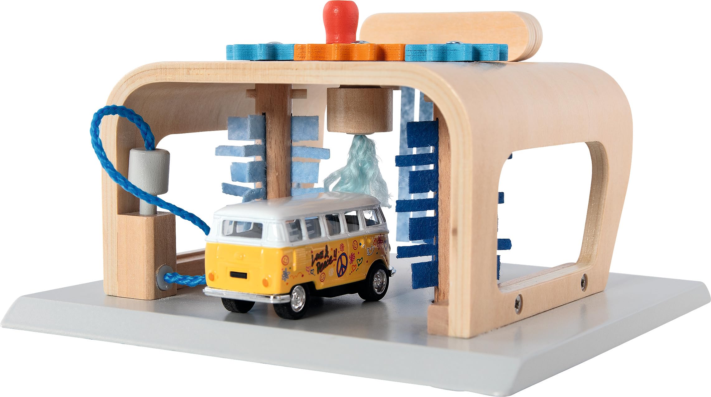goki 53779 Waschanlage PowerClean, Autowaschanlage aus Holz – Spielset mit Bürsten, Filzvorhängen & Sprühdüse, ca. 16 × 16 × 10 cm