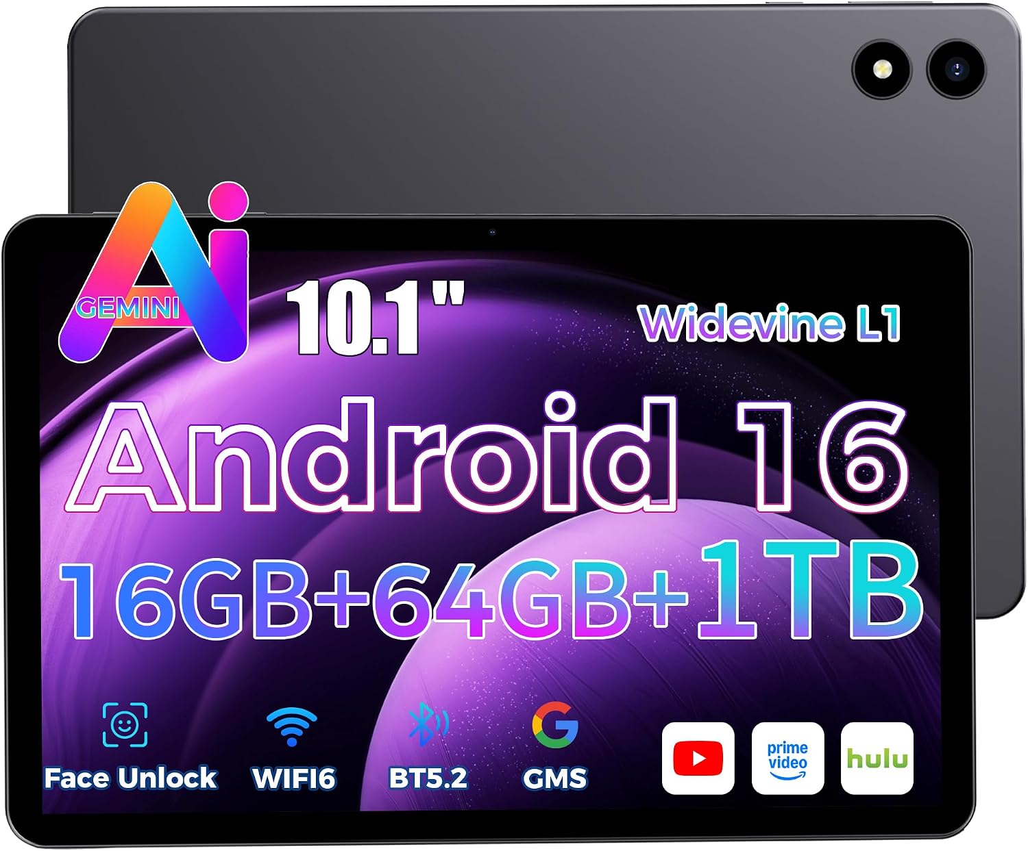 2026 Tablet 10.1 inch Android 16 with Gemini AI, 16GB RAM + 64GB ROM, GMS Widevine L1, WiFi 6 & BT 5.0, 1280 * 800 HD, 6000 mAh Tablet