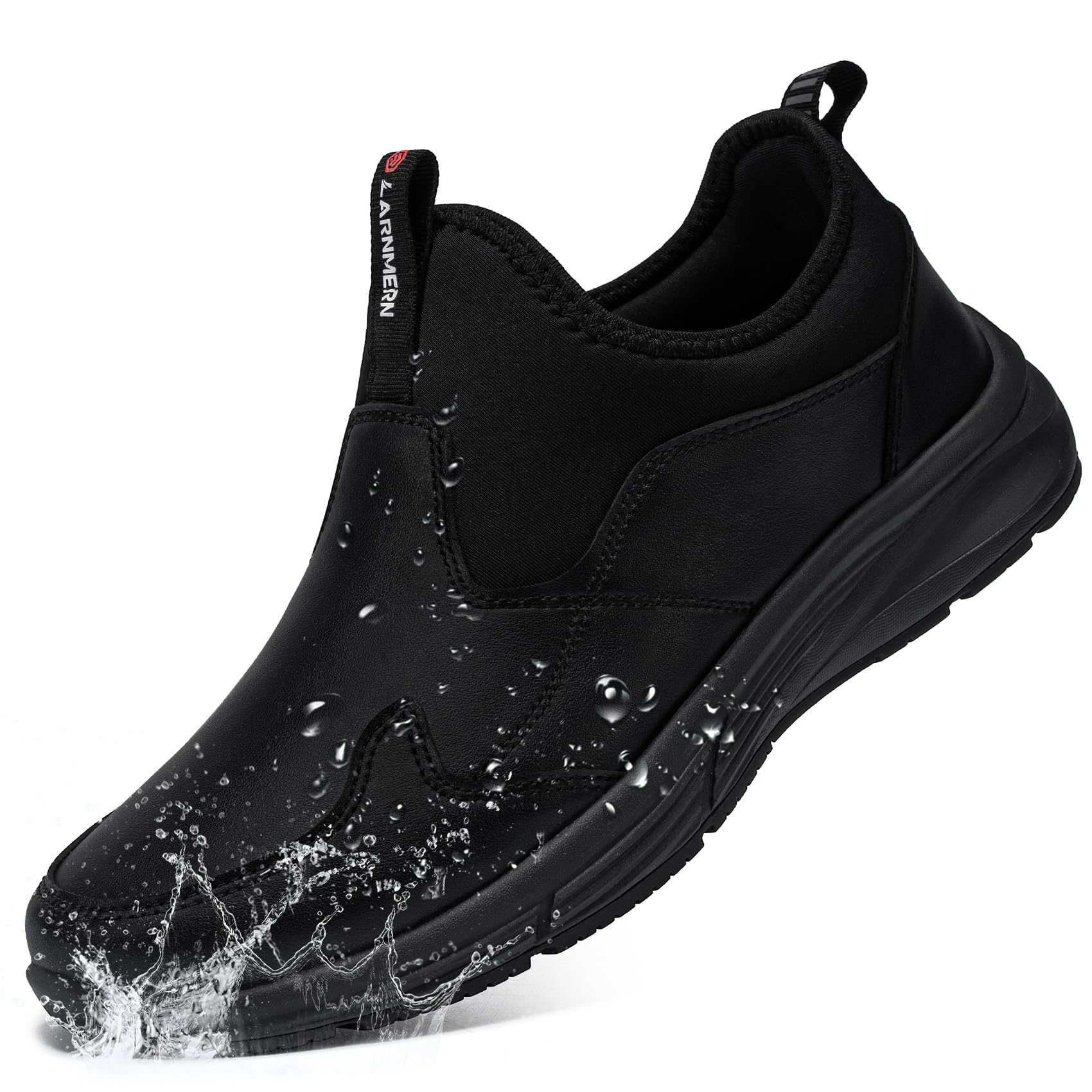 LARNMERN Zapatos Cocina Slip-On Hombre Anti-Deslizante Zapatillas Zapatos de Trabajo Impermeable Calzado Chef Hostelería sin Puntera Cuero Negro/41.5