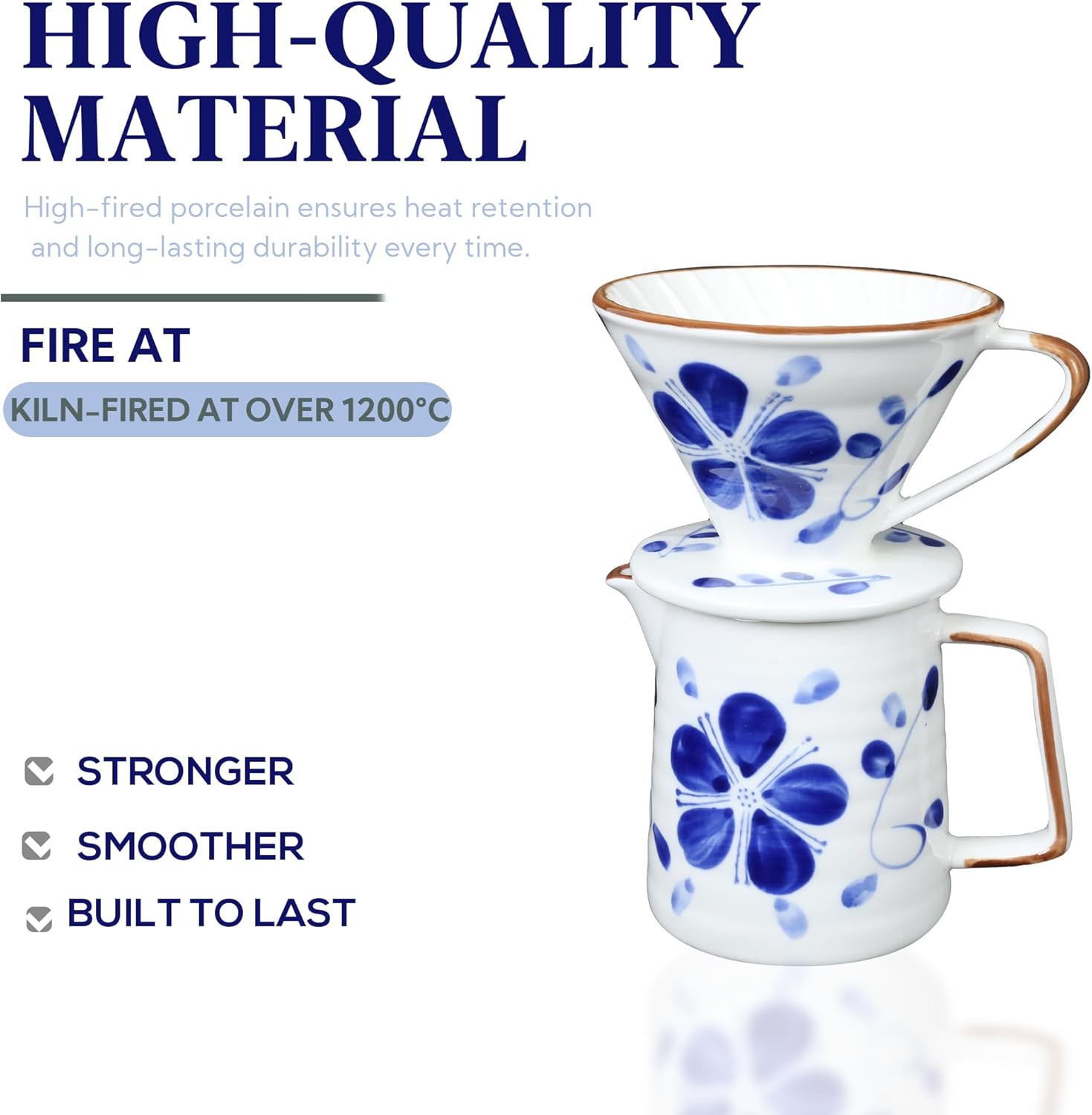 Ceramic Pour Over Coffee Dripper Set, Porcelain Pourover Coffee Dripper for 1–4 Cups(Blue & White Set)