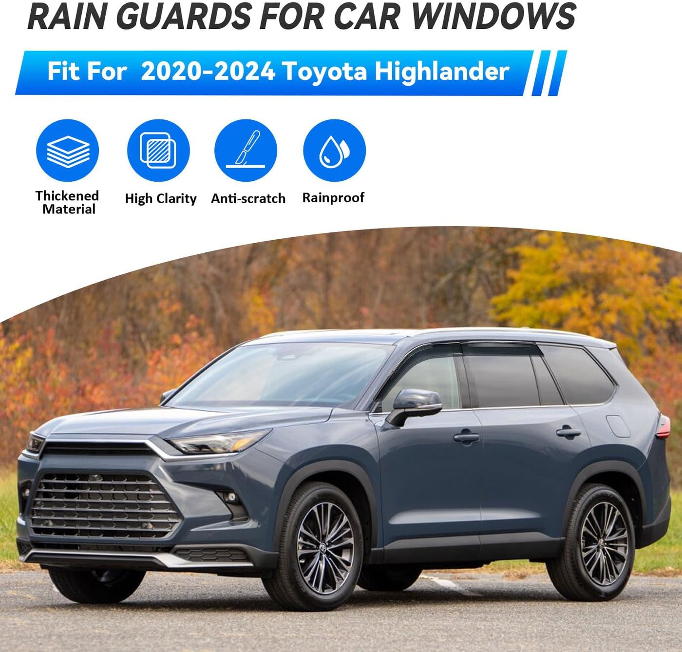 4pcs Smoke Tint Sun Rain Guard Vent Window Visors Compatible with 2020-2025 Toyota Highlander, Outside Mount Tape On/Clip On Style PVC Set of 4