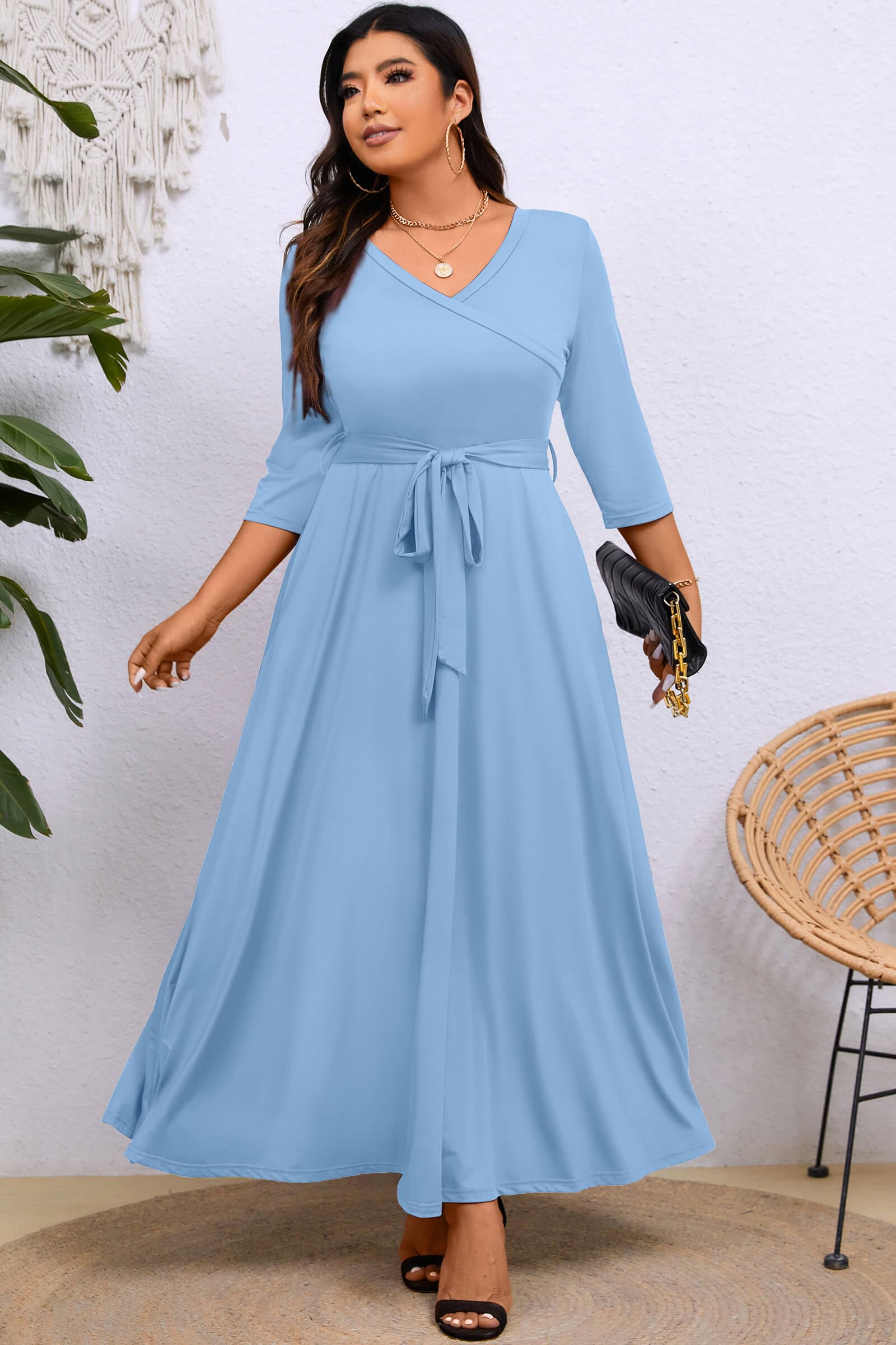 Runwind Abito da donna taglie forti - Maxi abiti da donna con maniche a 3/4 e scollo a V (XL-6XL) | Maxi versatile per matrimoni, feste in chiesa, vacanze, maniche a 3/4, scollo a V con tasche, morbido tessuto elastico, 1X-6X