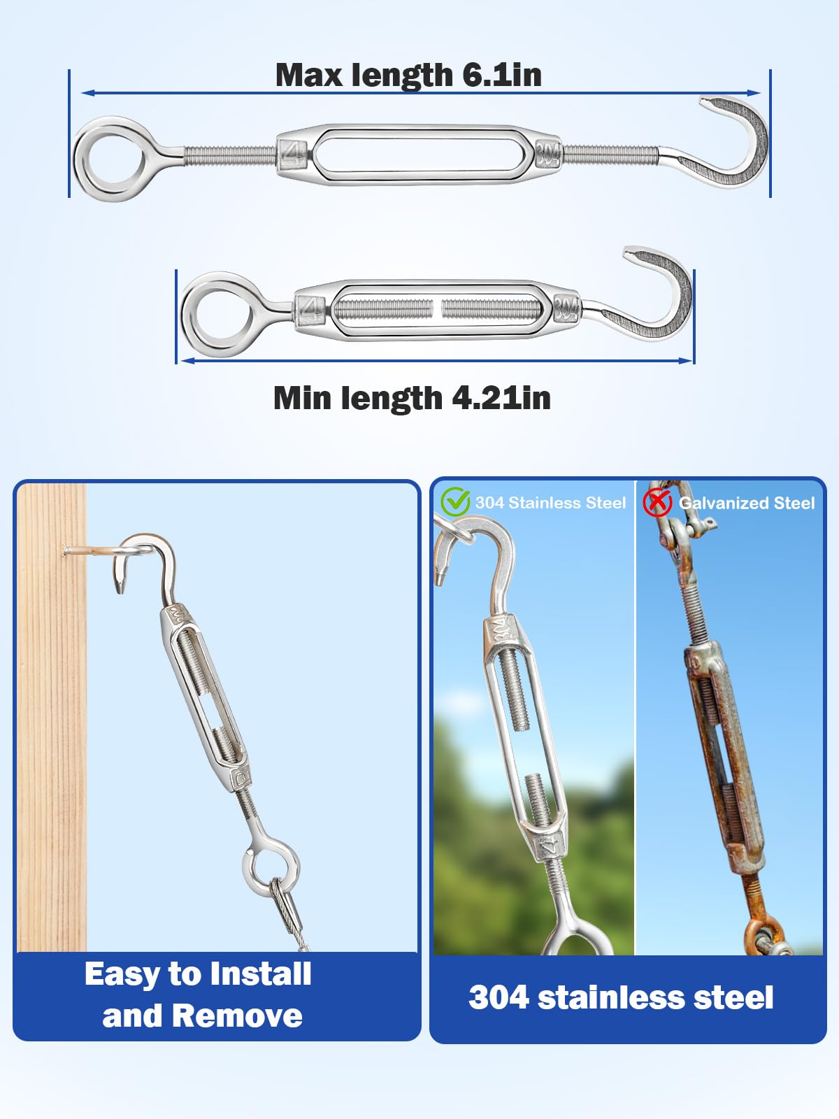 Tensores para Cables de Acero Inoxidable, 328 pies, 1/16" con Herramienta para engarzar Cables de Acero, Tensor de Gancho y Ojo de Alta Resistencia, 10 tensores de Acero Inoxidable M5