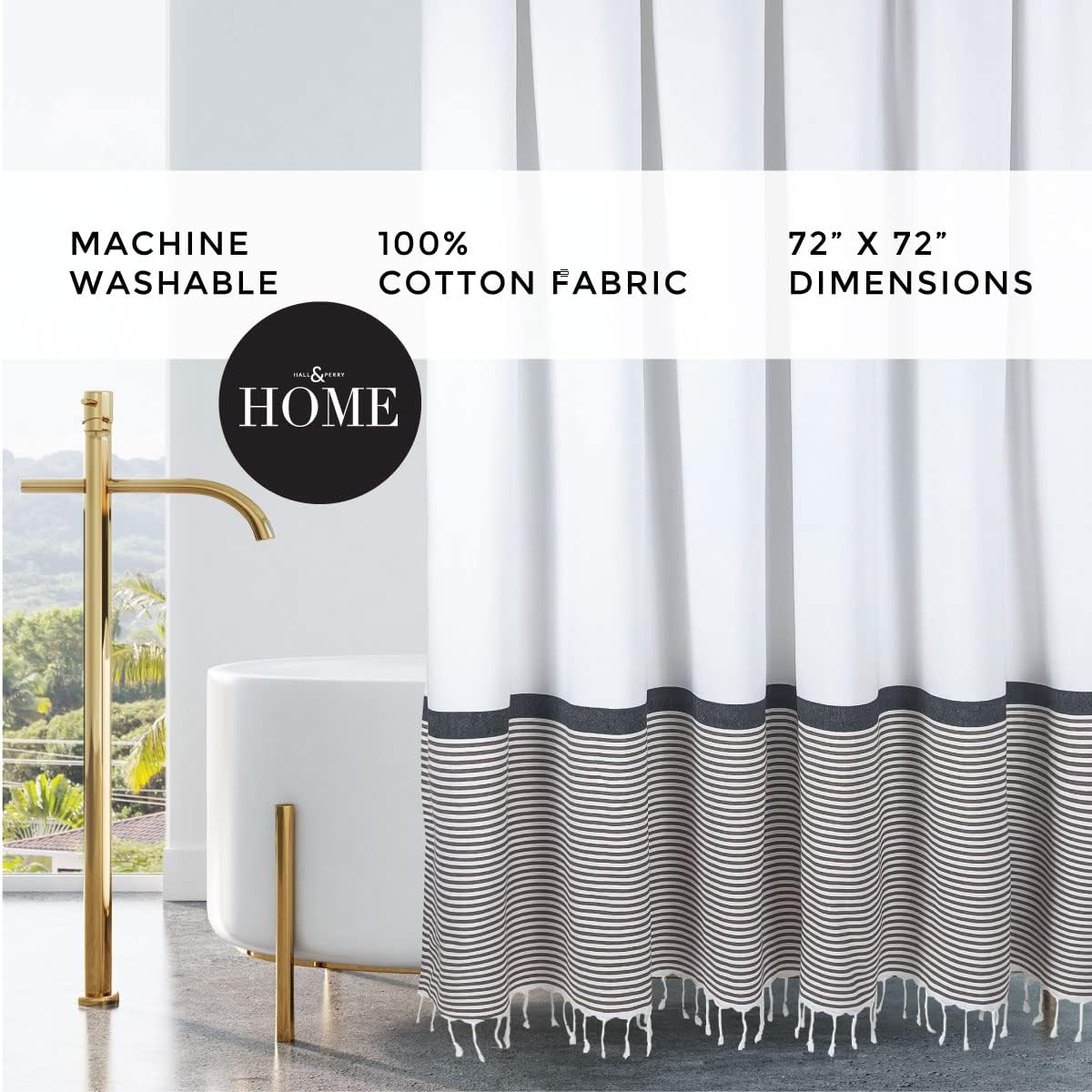 HALL & PERRY Modern Farmhouse Tassel Shower Curtain 100% Cotton Striped Fabric Shower Curtain with Tassels for Bathroom Décor (Tan, 72"x84")
