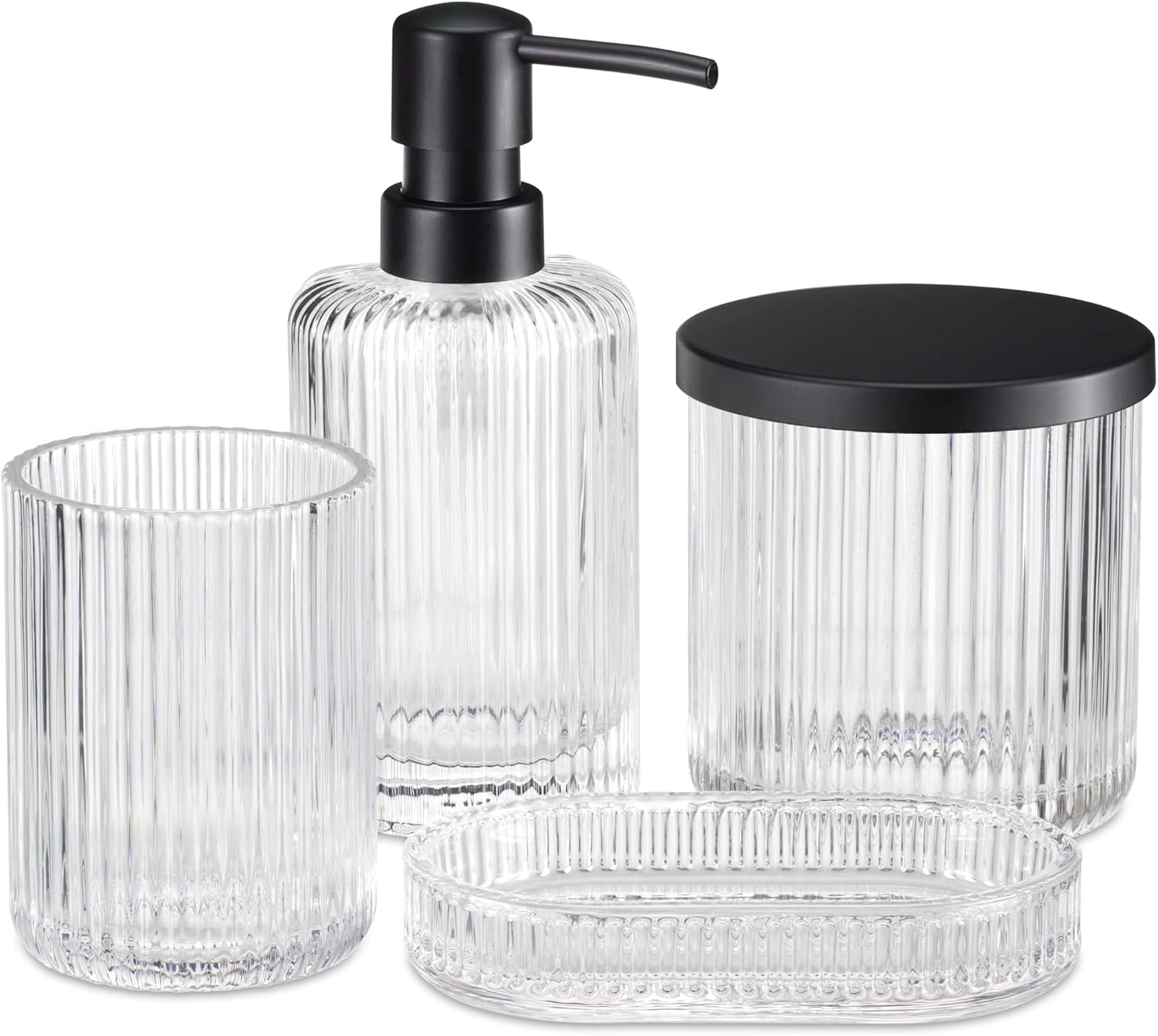 Navaris Glass Bathroom Accessories Set (4 Pieces) - Includes Soap Dispenser, Toothbrush Tumbler, Soap Dish, Cotton Pad Holder - Clear Glass with Black Metal