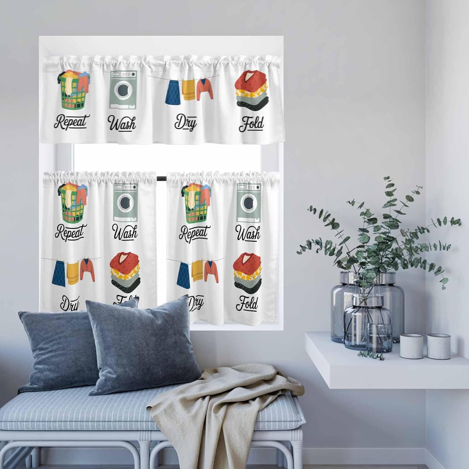 Curtain Tier and Valance Set 3 Piece Semi Sheer Rod Pocket Valance Small Half Window Tier Curtains Laundry Routine Wash Cloths Dry Fold White Valances for Kitchen 27.5"x24"