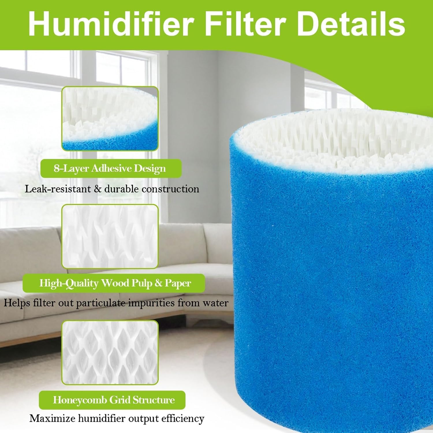 6 Pack Humidifier Filter Replacement 2.0 Compatible with Canopy Bedside Humidifier 2.0 & Nursery Humidifier 2.0, Made with Wood Pulp & Paper, Humidifier Wicking Filter, 6 Week Lifespan (Blue)
