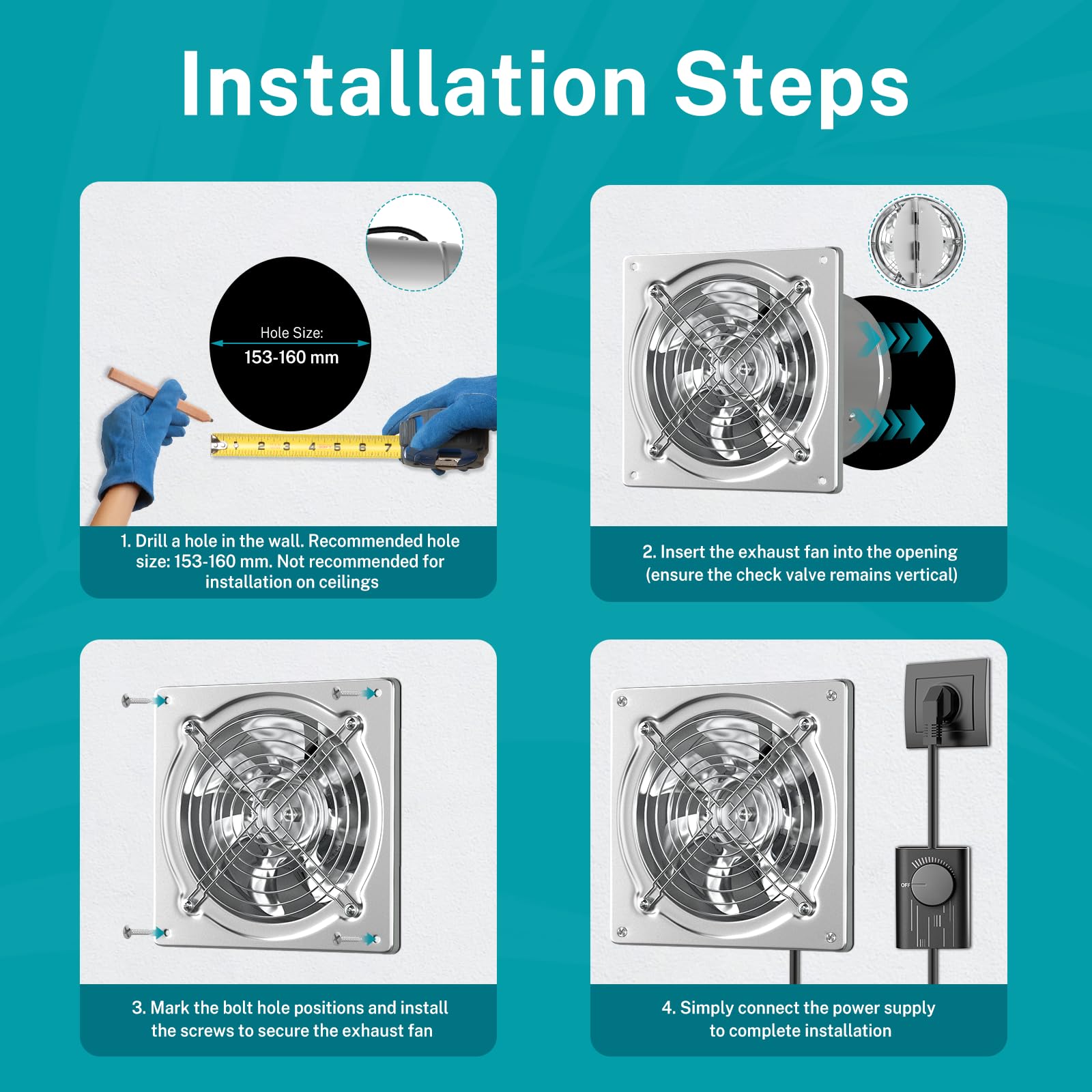 HG Power Ventilateur d'extraction d'air - 150 mm - En métal - Avec clapet anti-retour - Puissance : 525 m³/h - Avec prise européenne - Pour cuisine, salle de bain, garage, sous-sol - Argenté