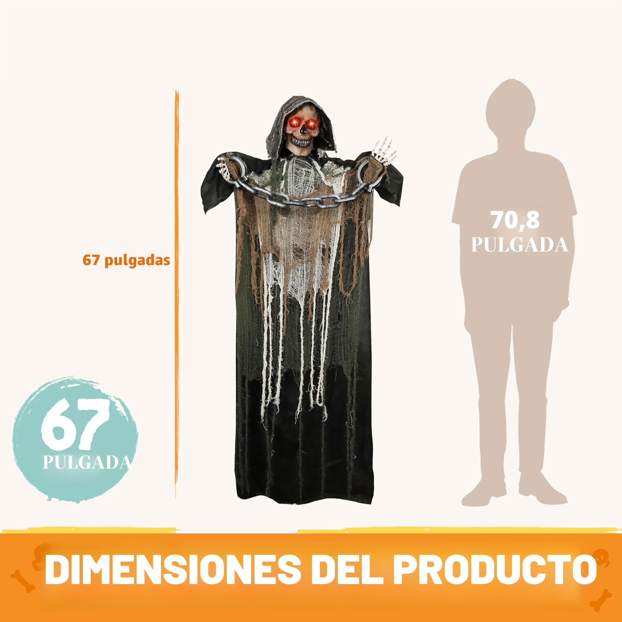JOYIN Decoración de Halloween de 175 cm con Cadena, Esqueleto de tamaño Real con Ojos iluminados y Sonido Espeluznante (Sonido Activado) para Halloween casa embrujada decoración de