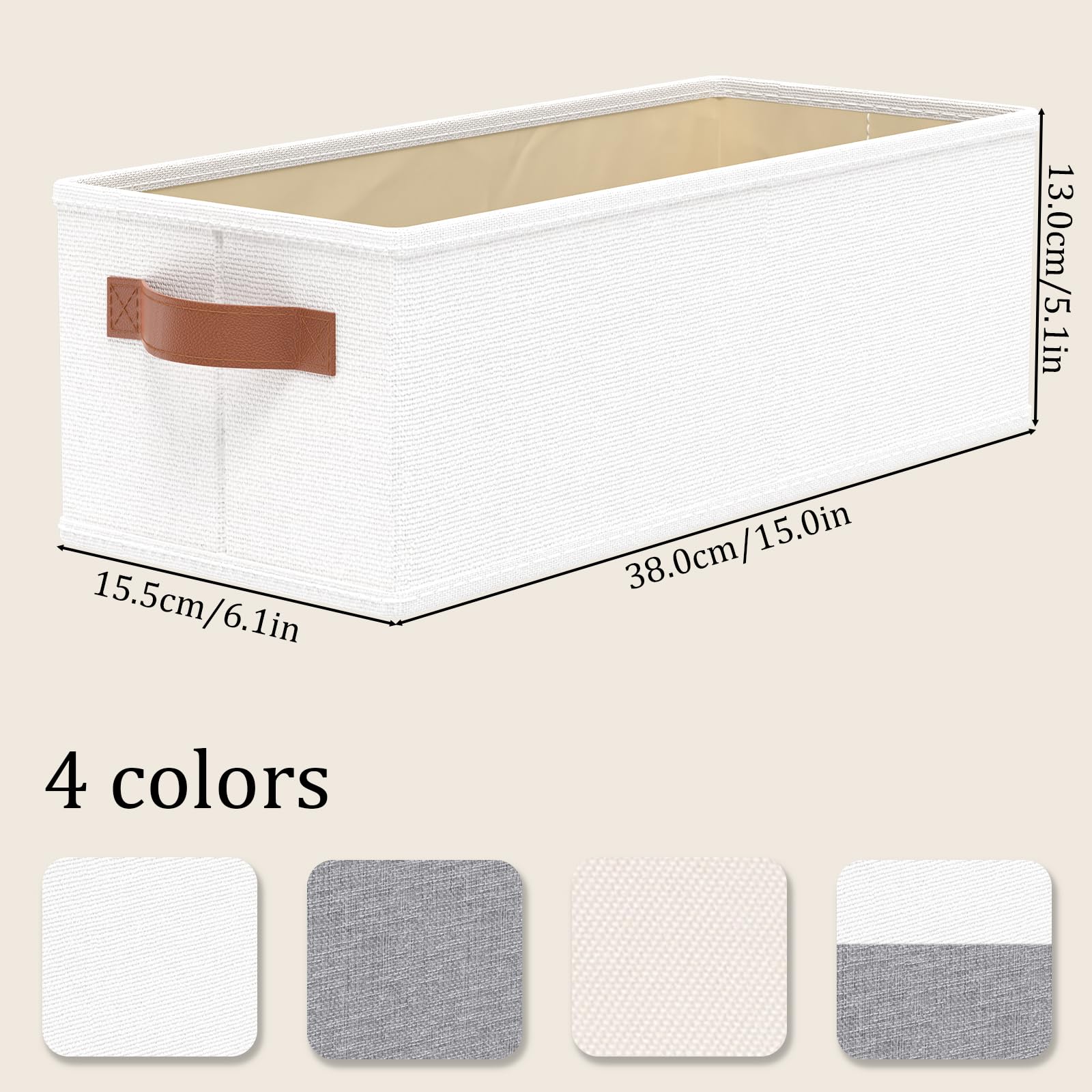 OUTBROS 6 Pack Paniers Rangement Tissu avec Poignée, 38x15.5x13cm, Blanc | Boite Rangement Vetement en non tissé et PP plaque, Pliable Casiers Pour Armoire, Vêtements, Livres, Cosmétiques