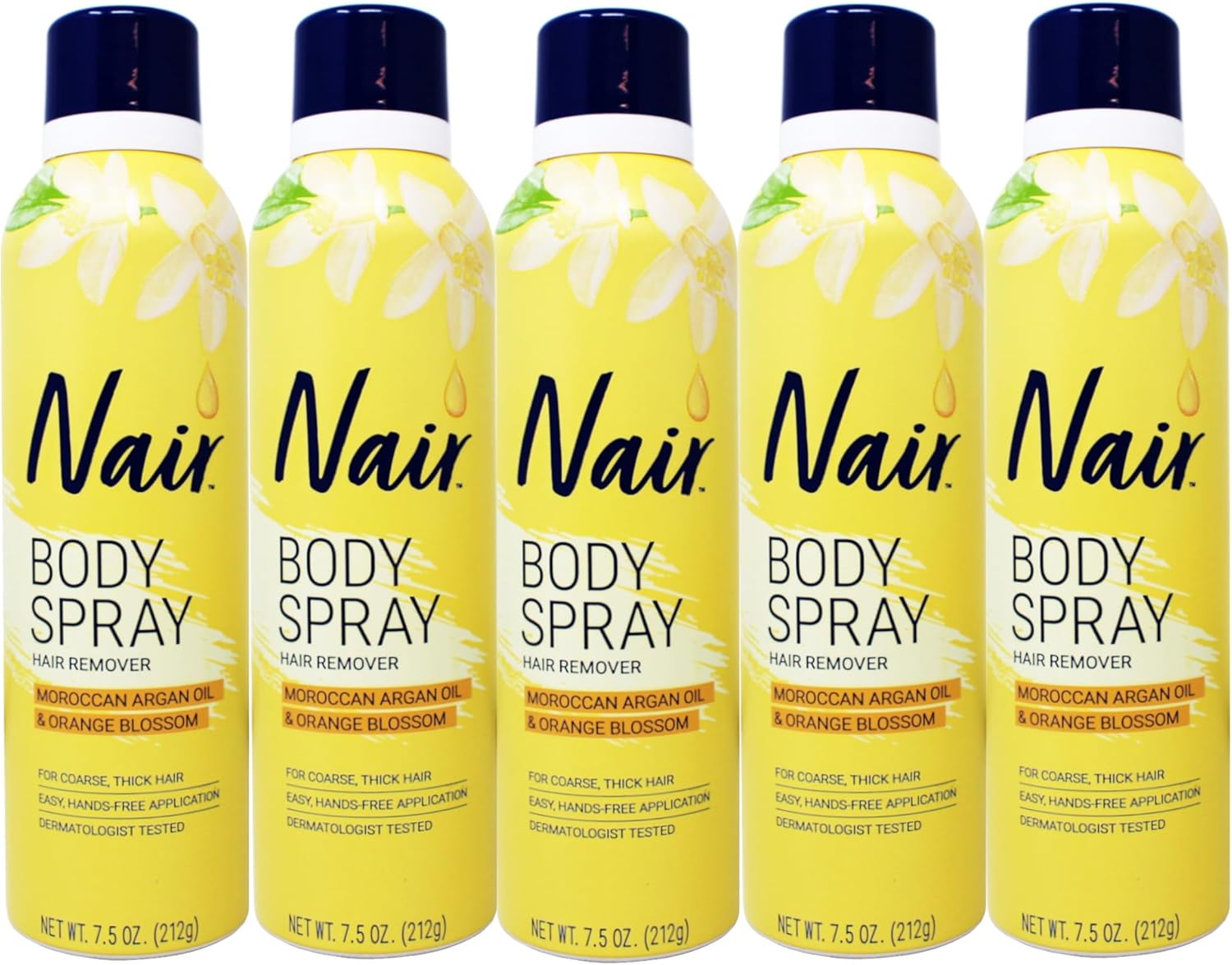 Nair Body Spray Hair Remover, Moroccan Argan Oil & Orange Blossom, for Coarse Thick Hair, Easy Hands-Free Application, Dermatologist Tested, 7.5 oz (Pack of 5)