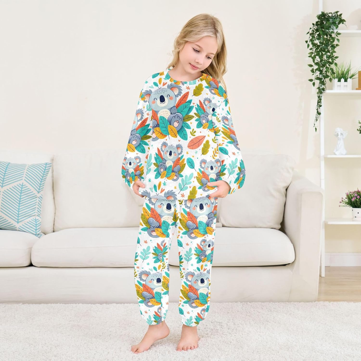Kids Flannel Sets Koala and Leaves Print Warm Plush Relaxed Clothing for Boys and Girls