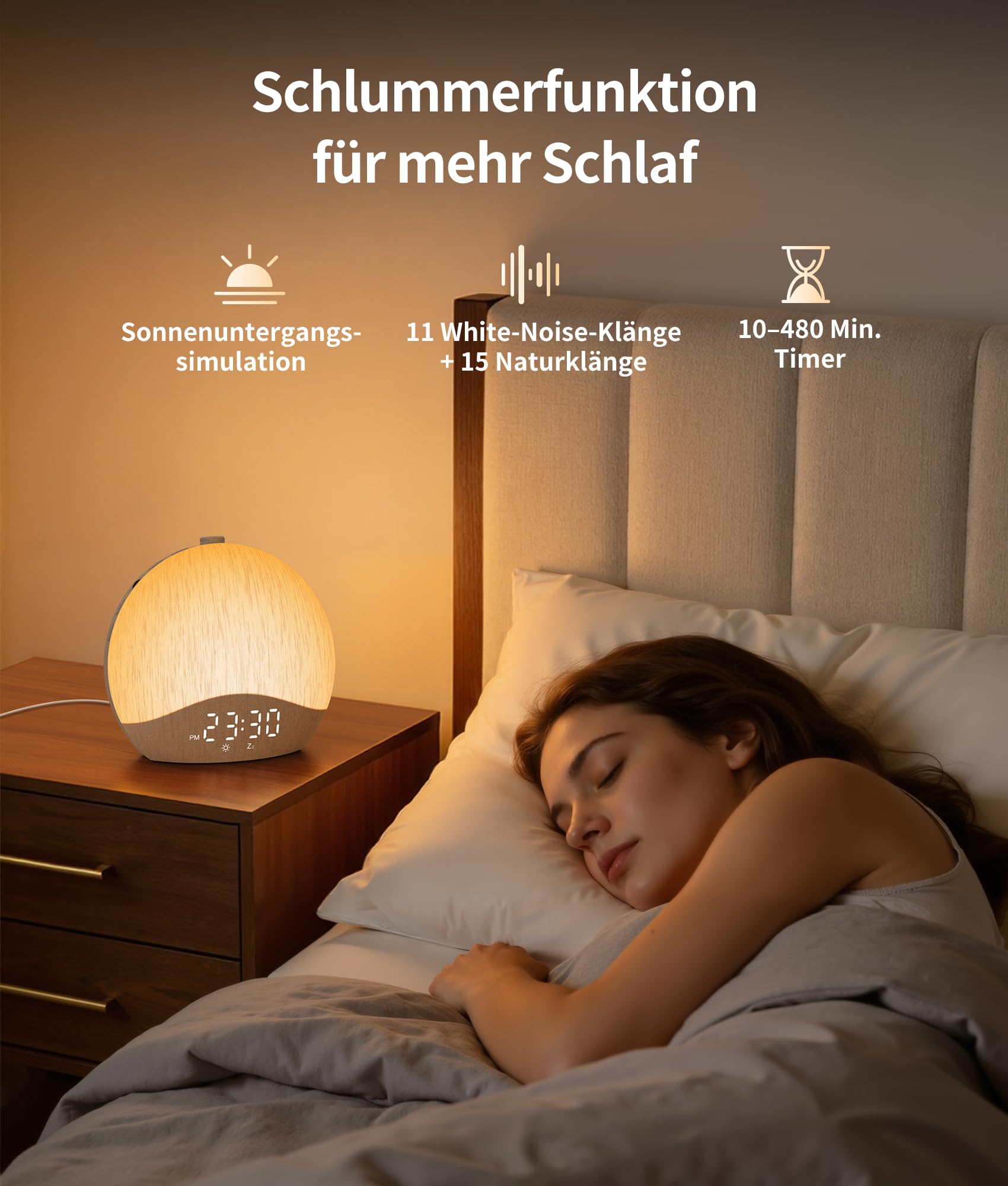ecozy Tageslichtwecker, Bluetooth-Zeitsynchronisierung, Lichtwecker | 26 Schlafklänge, 17 Nachtlichter, Weißes Rauschen, Baumwoll-Leinen, Sonnenaufgang Wecker für Tiefschläfer/Kinder/Schlafzimmer
