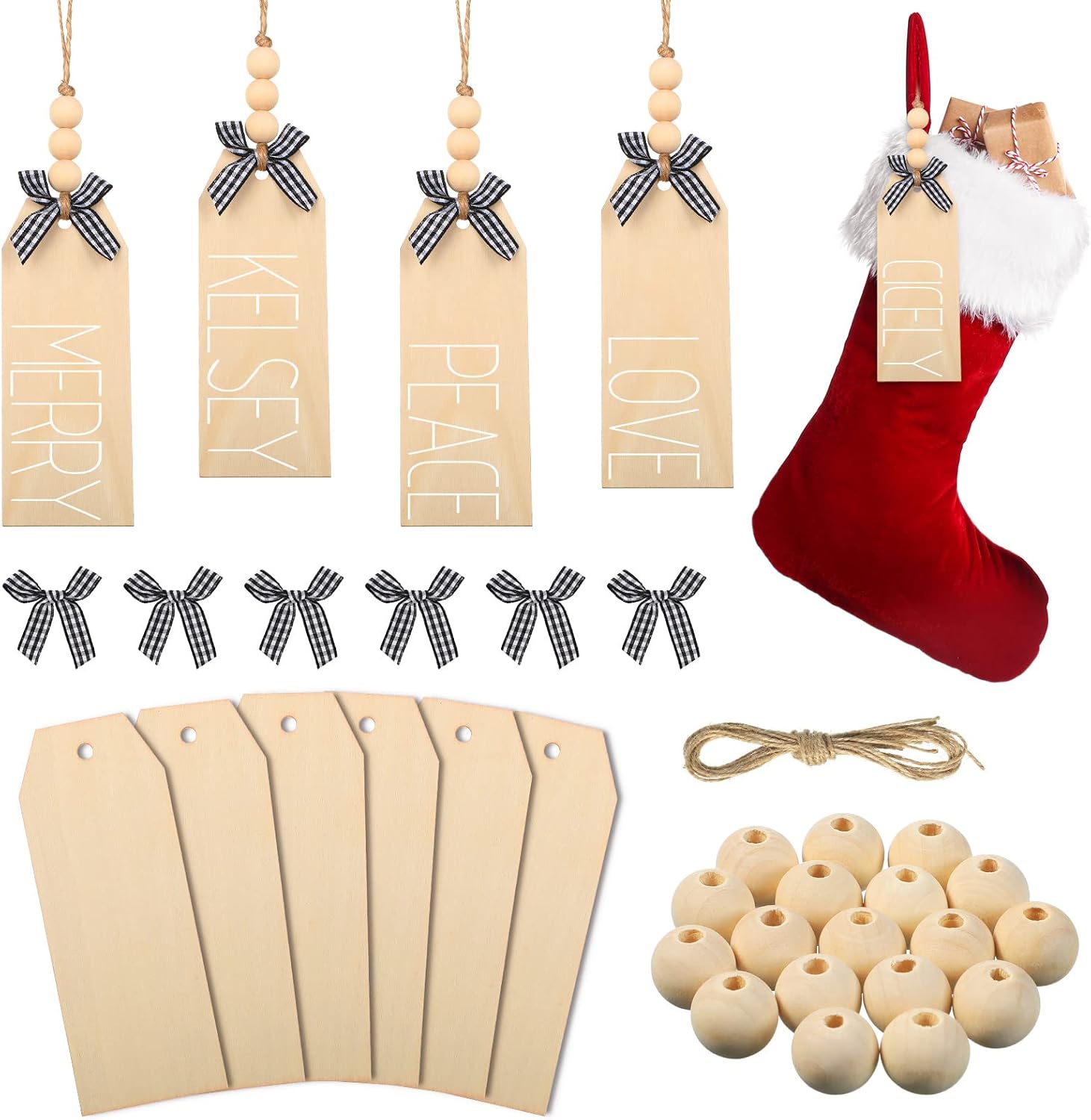 Jetec Christmas Wood Stocking Name Tags DIY Stocking Signs Farmhouse Christmas Stocking Tag with Buffalo Check Bows for Christmas Closet Christmas Stockings Decoration (Natural Color,6 Pieces)