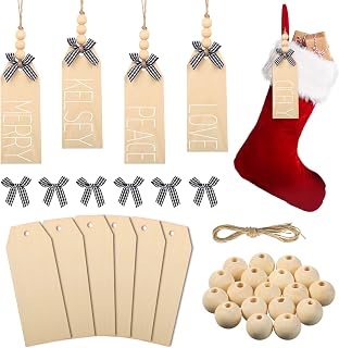Jetec 6 Pieces Christmas Wood Stocking Name Tags DIY Stocking Signs Personalized Farmhouse Name Tag with Buffalo Check Bows for Christmas Closet Xmas Hanging Decoration (Natural Color)