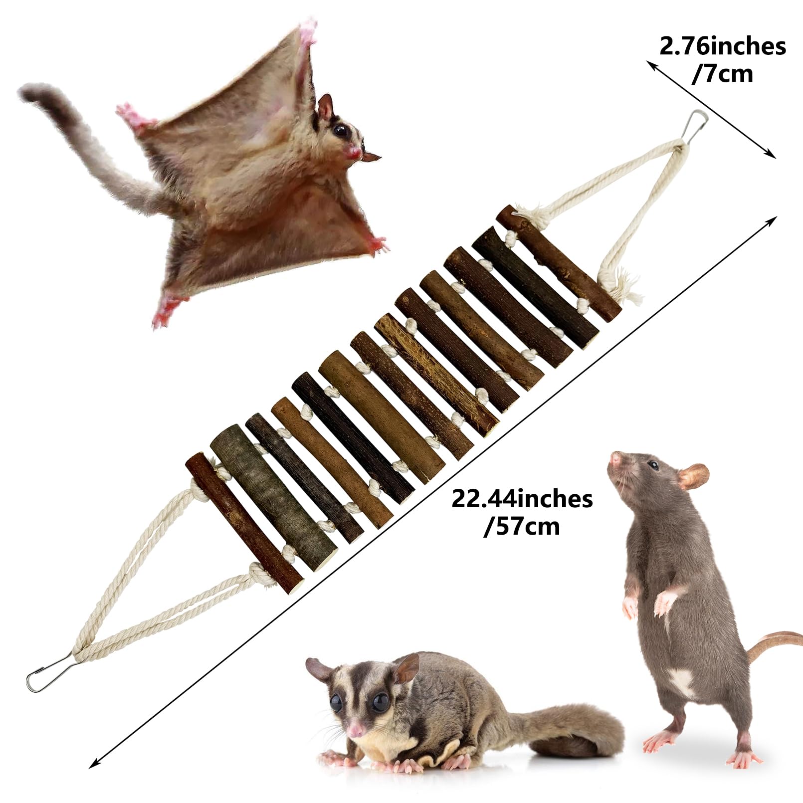 BNOSDM Sugar Glider Kletterspielzeug 2 Stück Natur Holz Seil Leiter Hängende Zuckergleiter Brücke Käfig Zubehör für Mäuse Ratten Hamster Rennmäuse Chinchilla