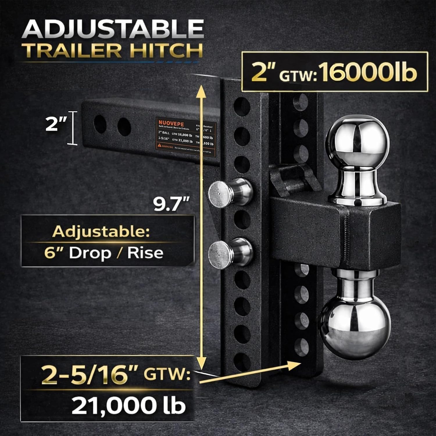 Dual Anti-Rattle Adjustable Trailer Hitch Kit, 6" Drop/Rise, 2" & 2-5/16" Dual Hitch Balls, Fits 2" Receiver, 16,000/21,000 lbs GTW, Includes Trailer Hitch Lock & Stabilizer Clamp