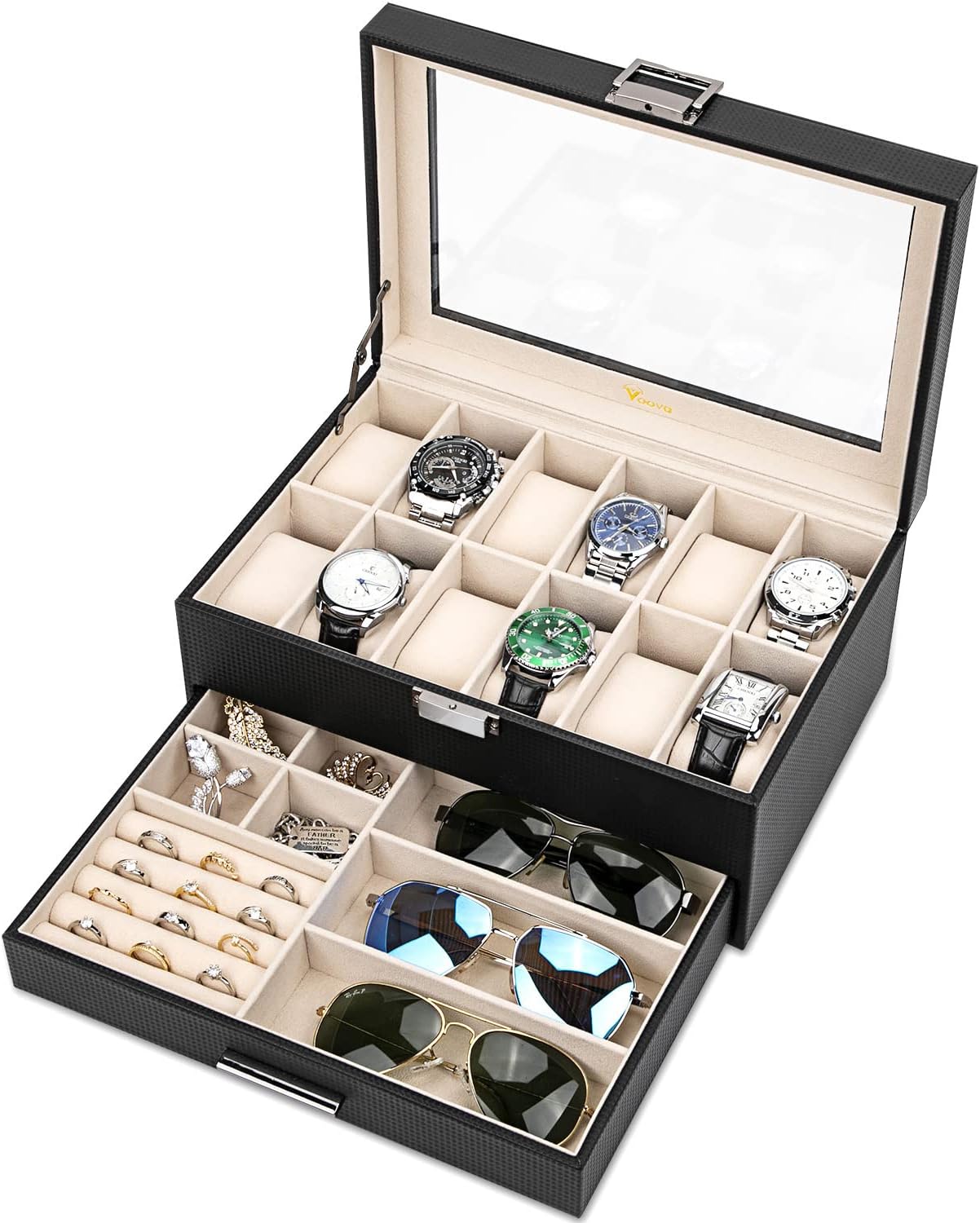 Voova Watch Boxes Organiser Jewellery Box for Men Women,2 Layer Large 12 Slot PU Leather Watch Storage Case, Glass Top Jewelry Display Holder for Watches Sunglasses Rings Necklaces Bracelets,Black