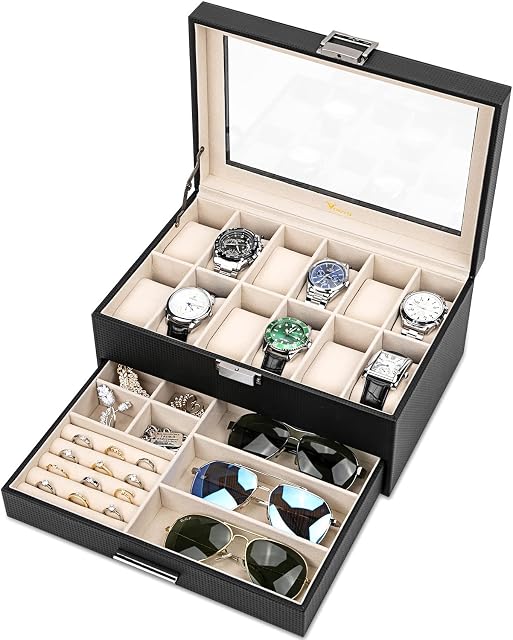 Voova 12 Slots Watch Box Organizer for Men Women,Mens Jewellery Box Watch Holder Display Case with Sunglasses Jewelry Drawer,PU Leather Watch Storage Boxes with Acrylic Glass Lid and Pillow,Black