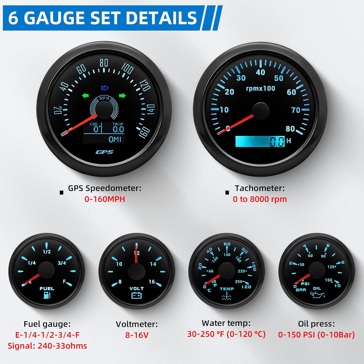 MH 6 Boat AUTO Gauge Set - 3-3/8" GPS Speedometer, Tachometer, 2-1/16" Oil Pressure, Fuel Level, Water Temperature, Voltmeter Marine Meter Kit Waterproof 7 Color (Black)