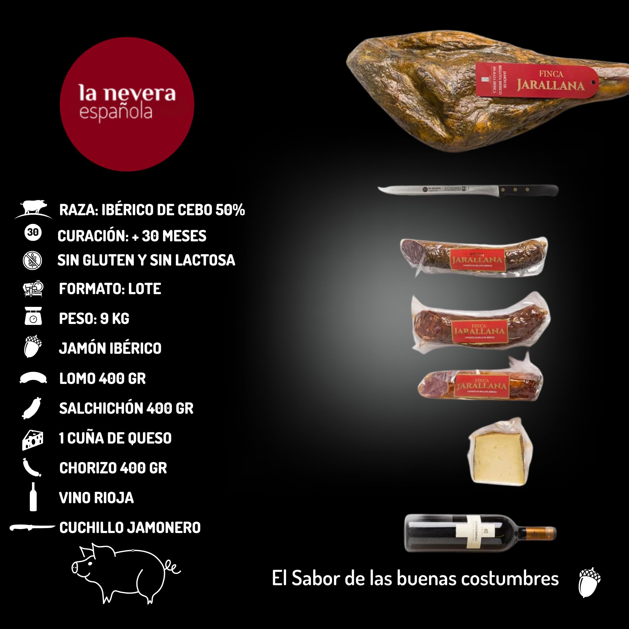 La Nevera Española - Lote Ibérico de Bellota con Jamón, Lomo, Salchichón, Chorizo y Queso de Oveja - Con Botella Ribera del Duero - Delantal de Regalo