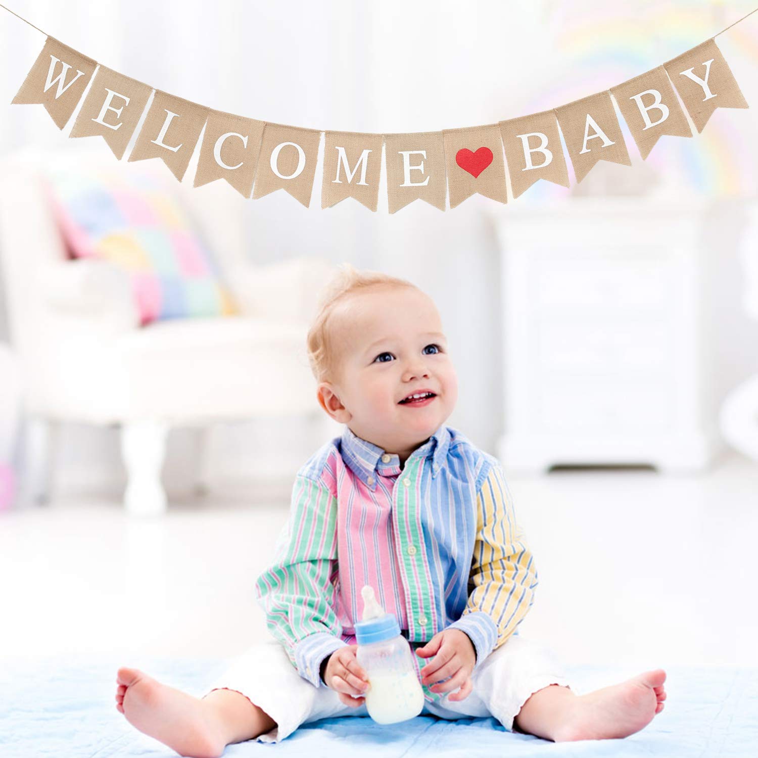 Bannière De Bienvenue Bébé En Toile De Jute - Déco Vintage Pour Baby Shower, Fête à Thème, Réception - "WELCOME BABY" Avec Cœurs