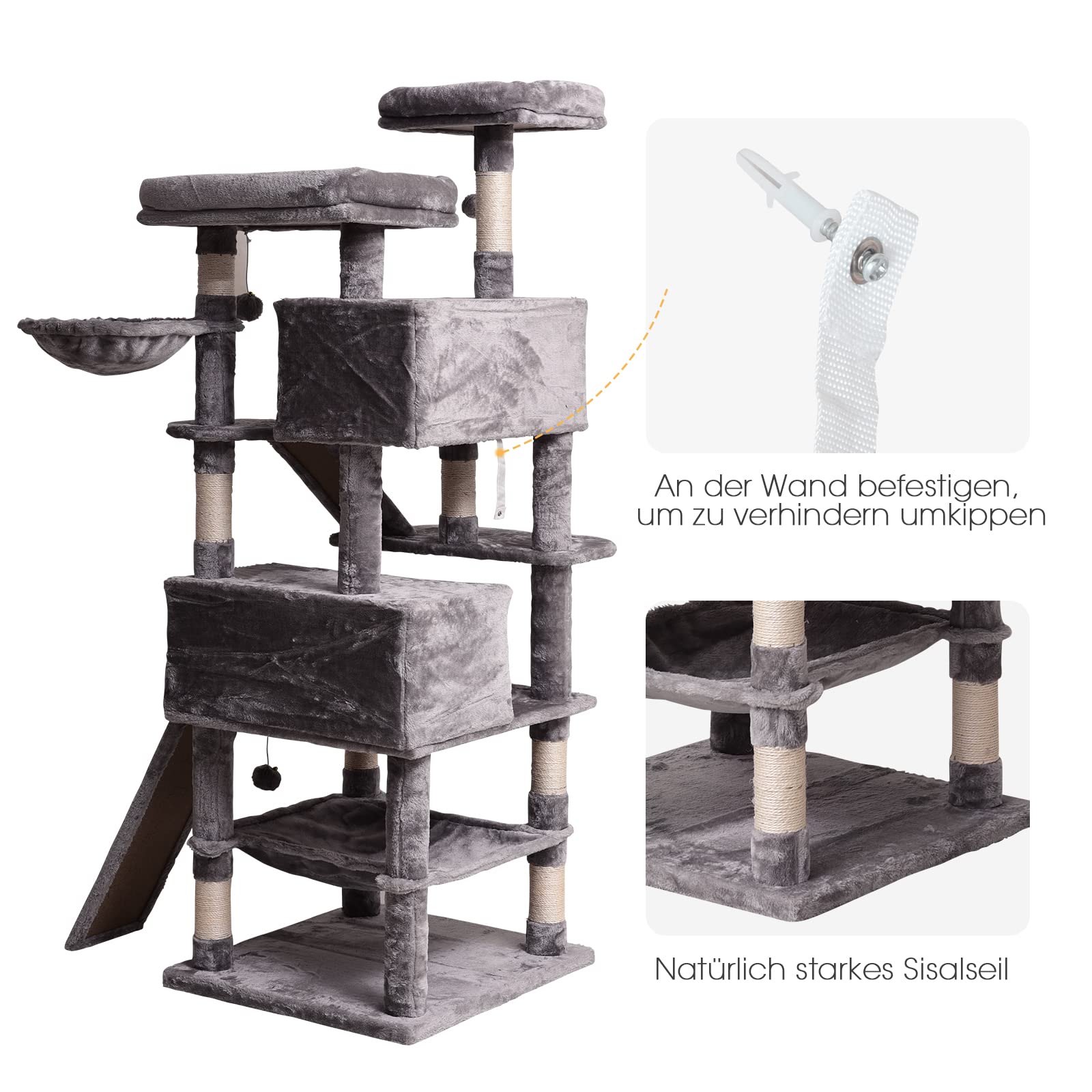 Poste rascador para Gatos Grandes de 180 cm de Alto, árbol para Gatos con casa, Muchas Plataformas de visualización, Hamaca para Gatos, Escalera de Escalada de Cuerda de sisal, Alfombra de Felpa