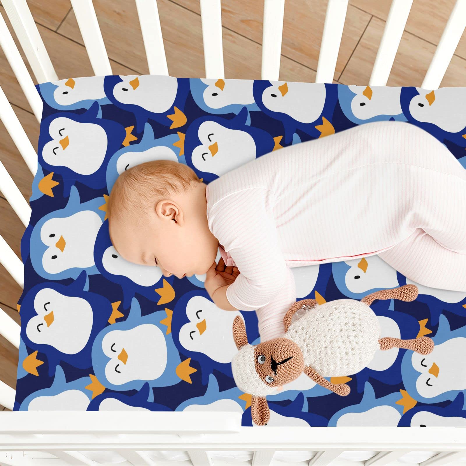 Spannbettlaken für Kinderbett, niedliches Pinguin-Muster, weich, atmungsaktiv, pflegeleicht, Spannbetttuch für Babybett und Kinderbetten