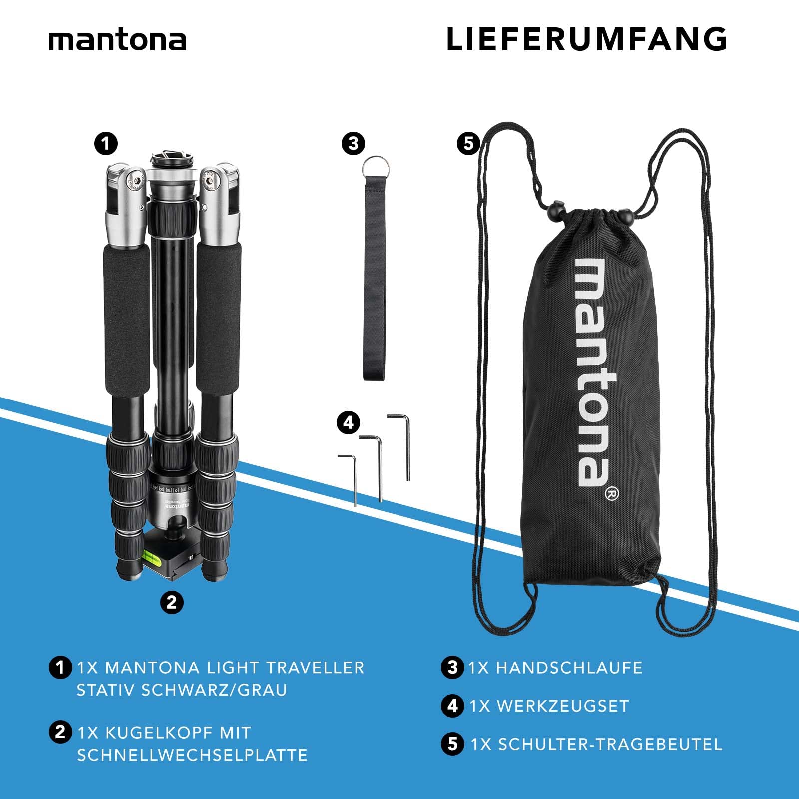 mantona Statyw podróżny Light Traveller, stabilne aluminium, lekki statyw do aparatu, głowica kulowa + płyta wymienna (kompatybilna z Arca Swiss), panorama 360°, statyw fotograficzny jako tripod i