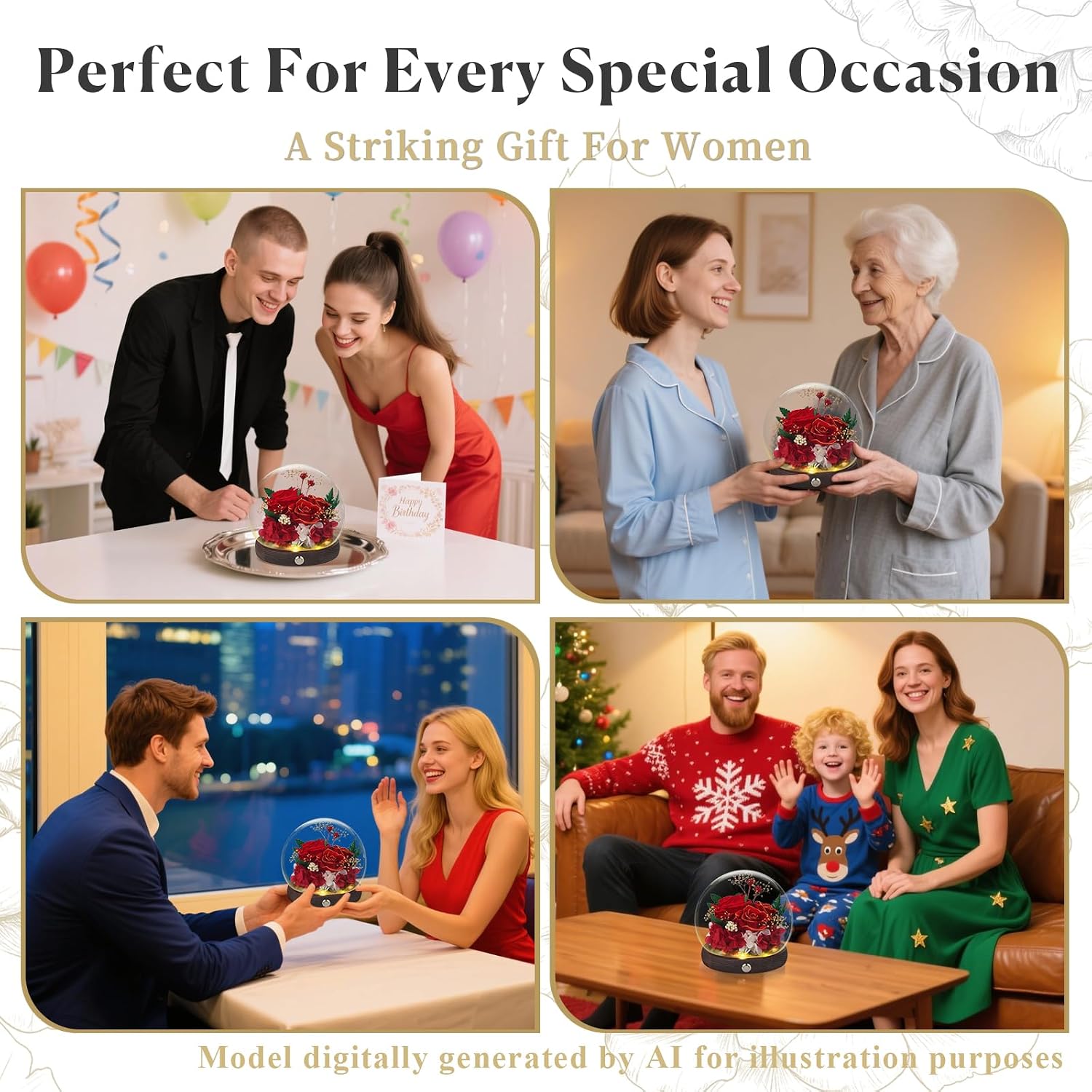 Red Preserved Flowers in Glass Dome, Gift Box, Warm LED Light