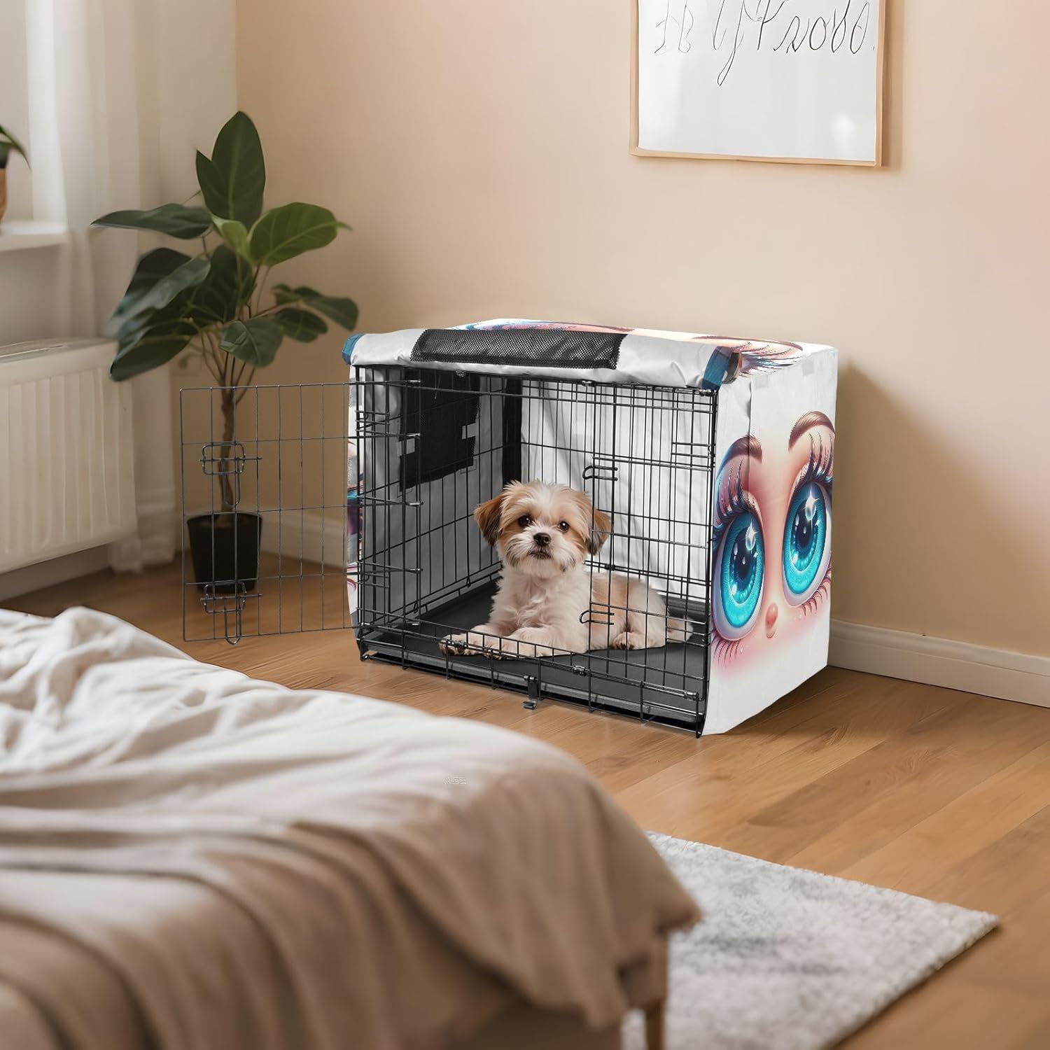 Cute Cartoon Eyes Pet Cage Cover with Openings, Washable Dog Create Cover, Large