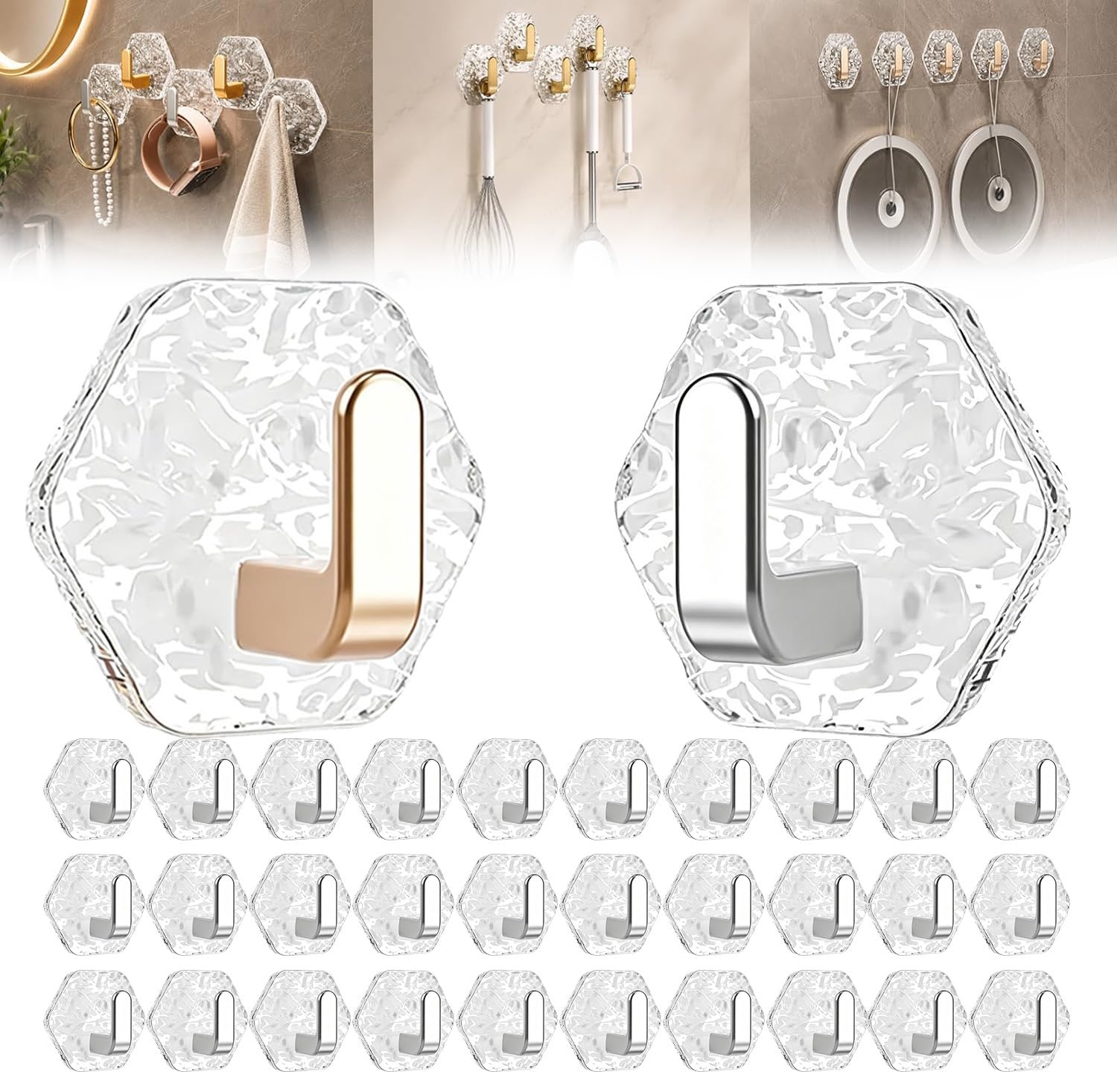 Selbstklebende, sechseckige Haken mit Wasserwellenmuster, hochfester, wasserfester Kleber, kein Bohren erforderlich, für Handtücher, Schlüssel und als Organizer(Silver,60pcs)