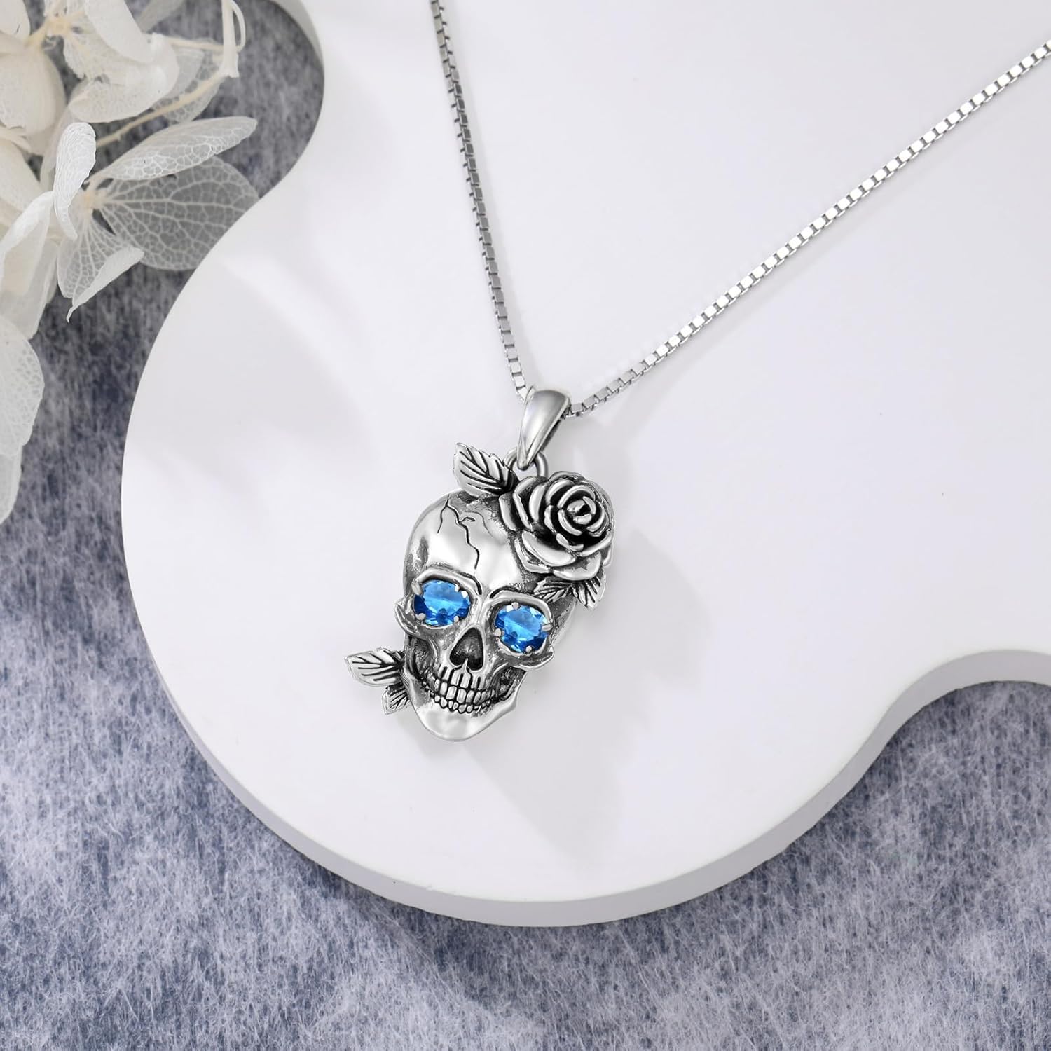 Gothic Skull Rose Necklace for Women, Sterling Silver with Gemstone Pendant, Unique Punk Alternative Jewelry Birthstone Gift