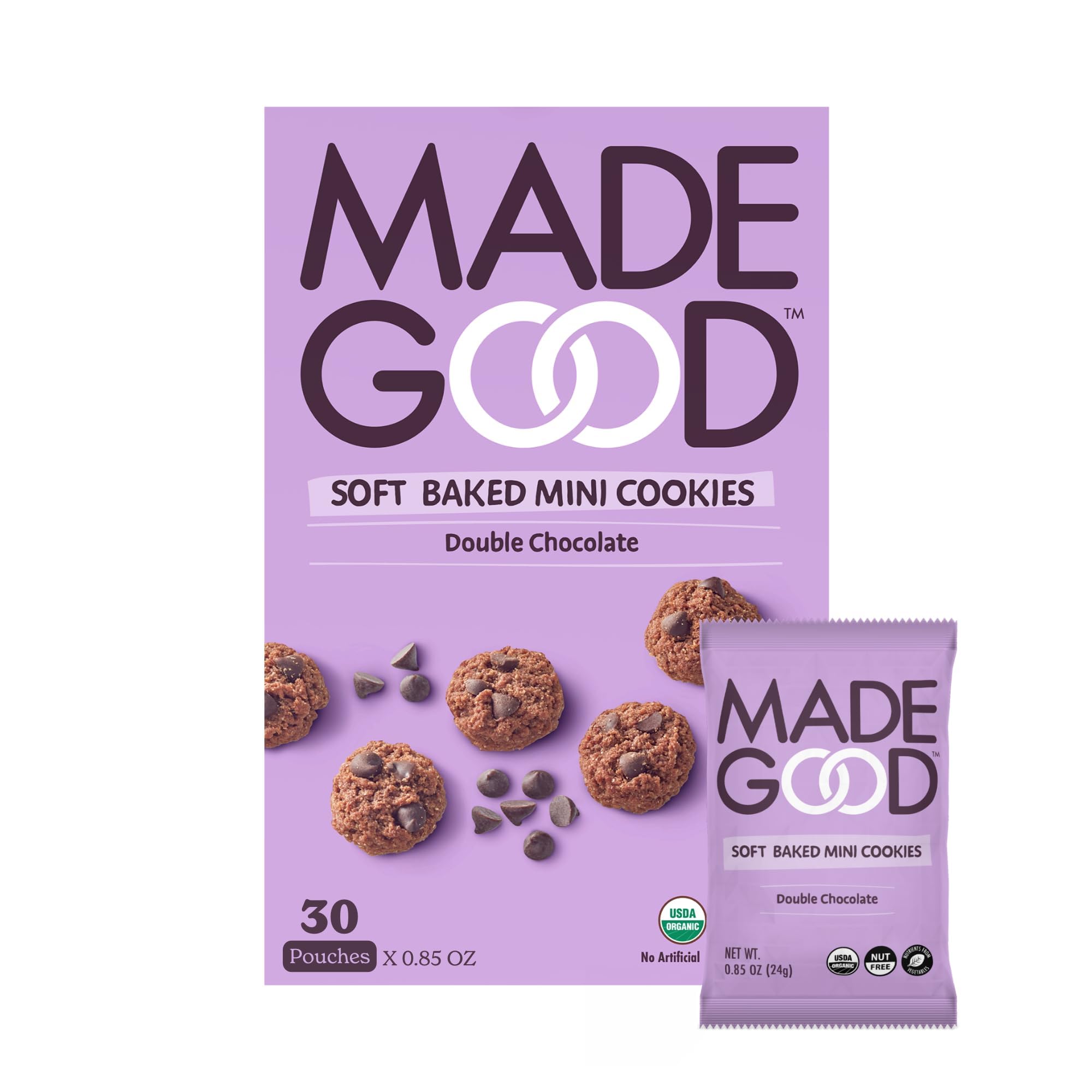 MadeGood Double Chocolate Soft Baked Mini Cookies (30 Count - 0.85 Oz Each) Allergy Friendly, Gluten Free and Organic Delicious Chocolate SnacksUSDA Organic