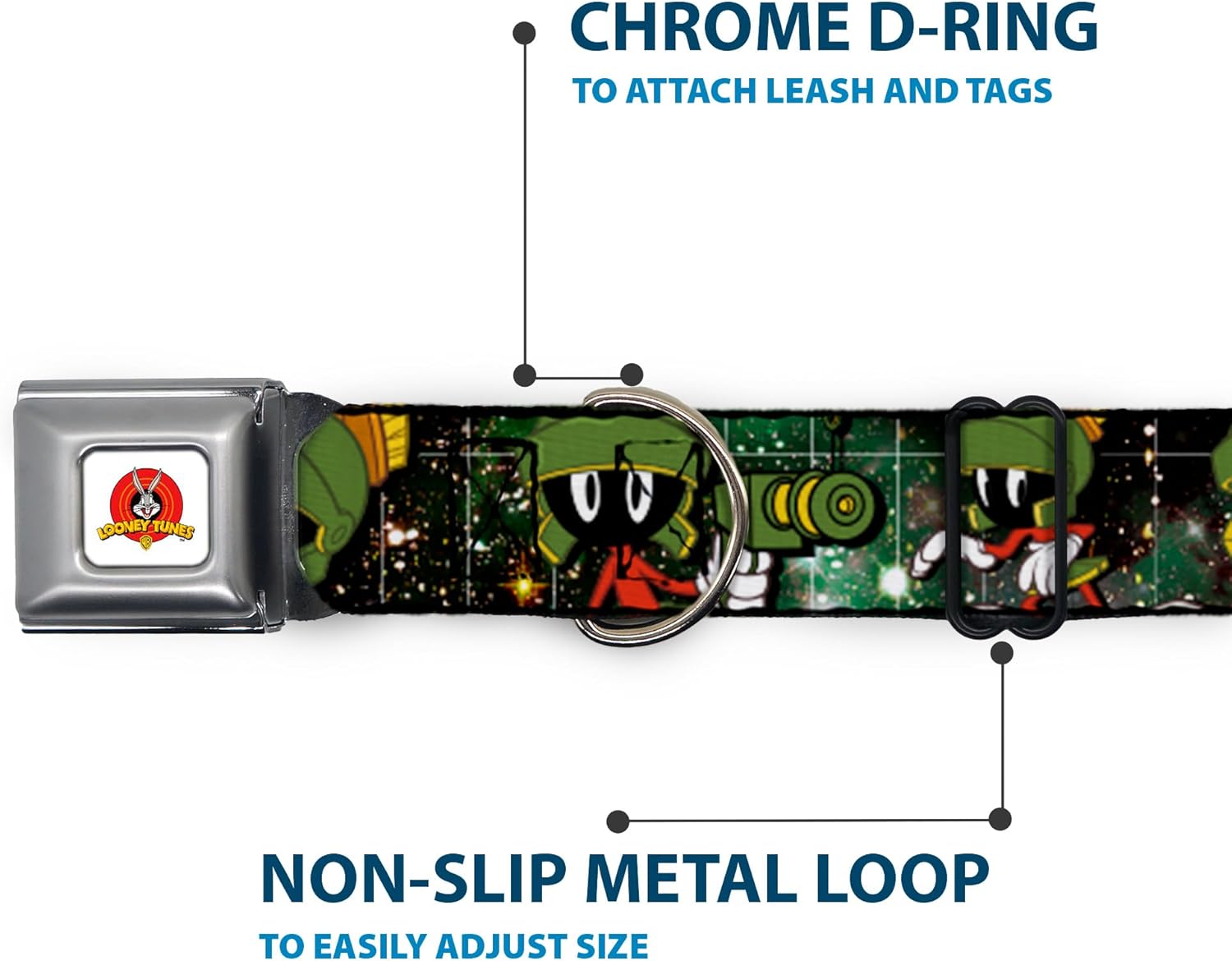 Dog Collar Seatbelt Buckle Marvin The Martian 4 Poses Galaxy 15 to 26 Inches 1.0 Inch Wide