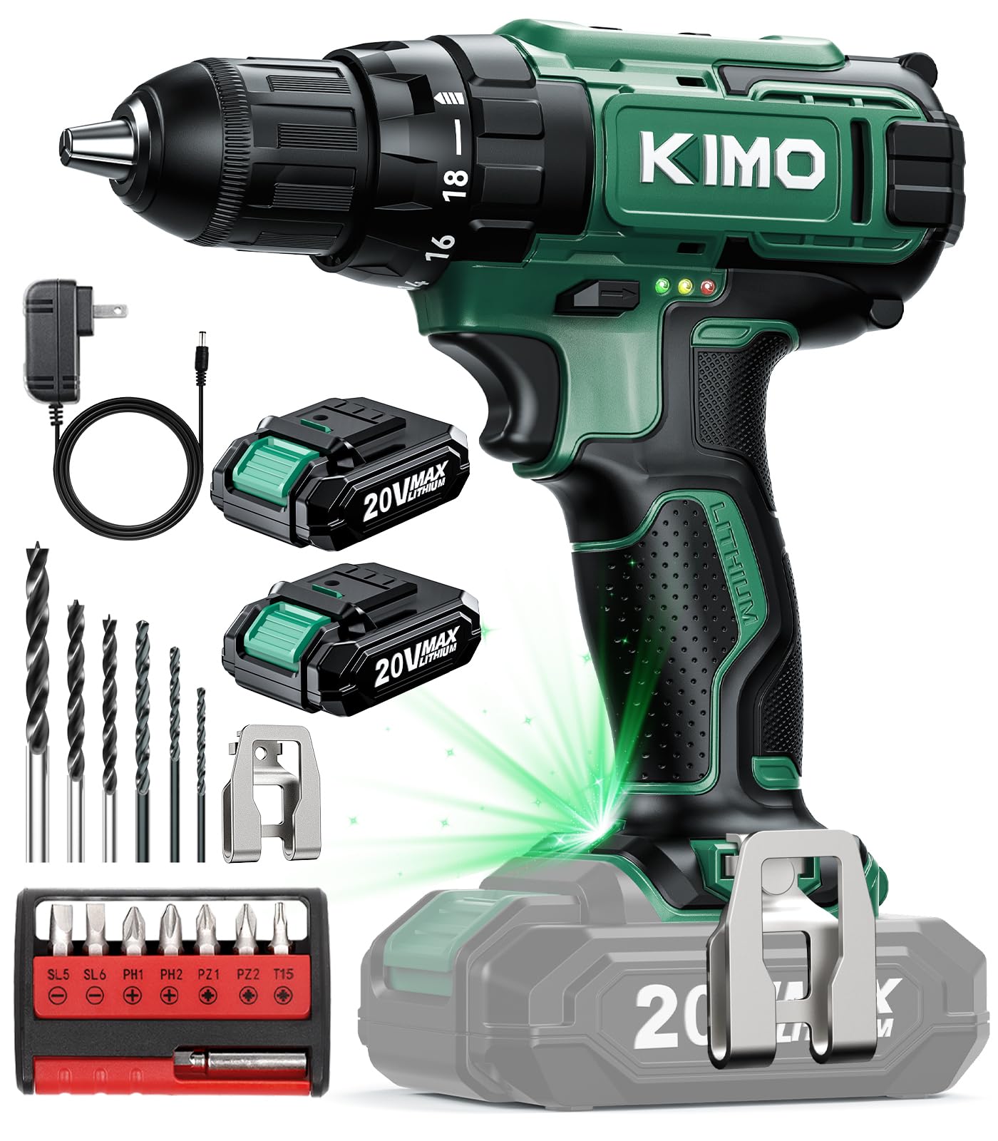 KIMO Drill - 20V Cordless Drill Set w/2 X Batteries and Charger, 3/8" Keyless Chuck, Max 350 In-lb Torque, 1350 RPM, 18+2 Clutch, 18pcs Accessories, Power Drill for Drilling Wood Bricks Walls Metal