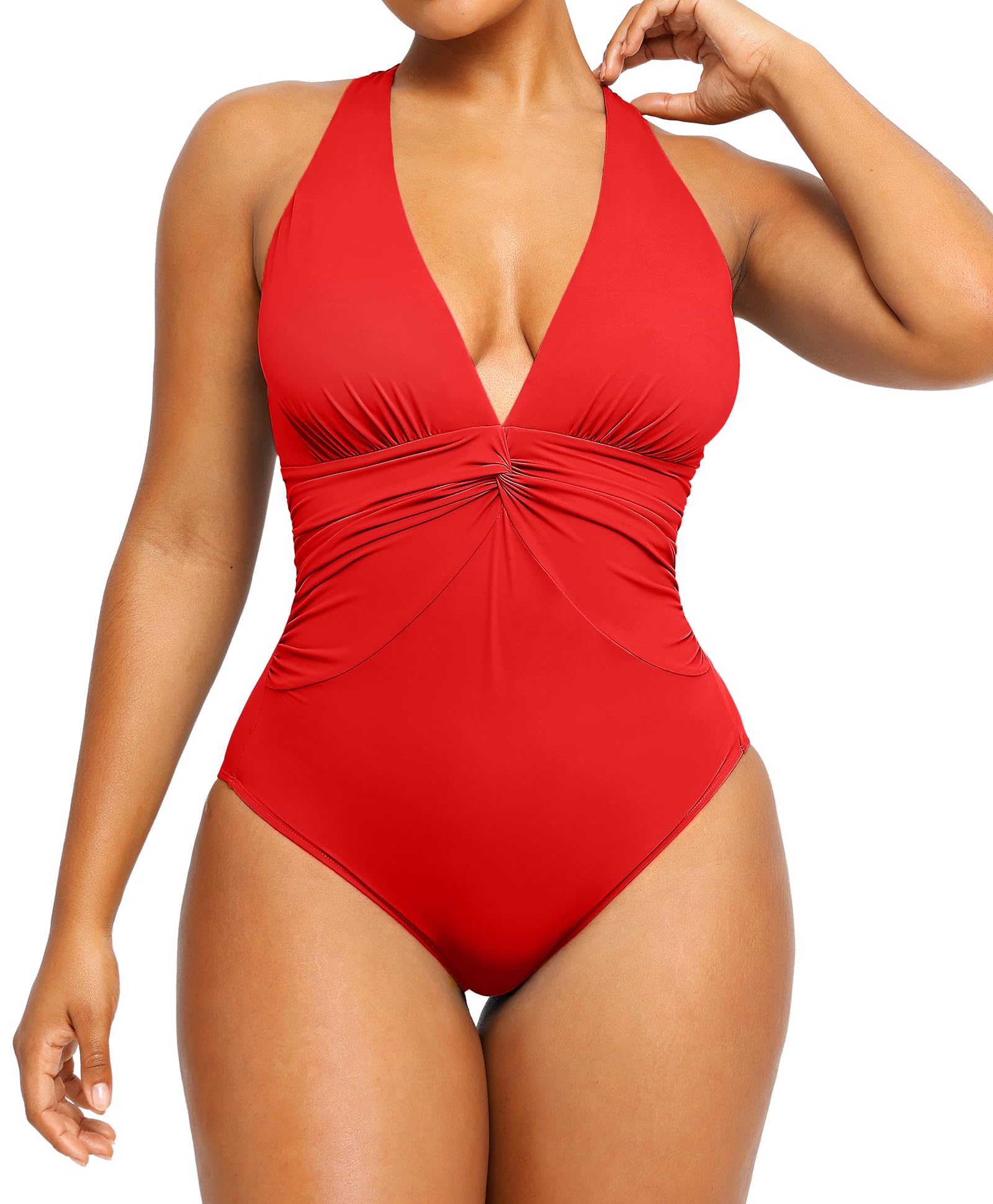 SHAPELLX Women's One Piece Swimsuit Tummy Control Ruched Full Coverage Bathing Suit V Neck Slimming Swimwear