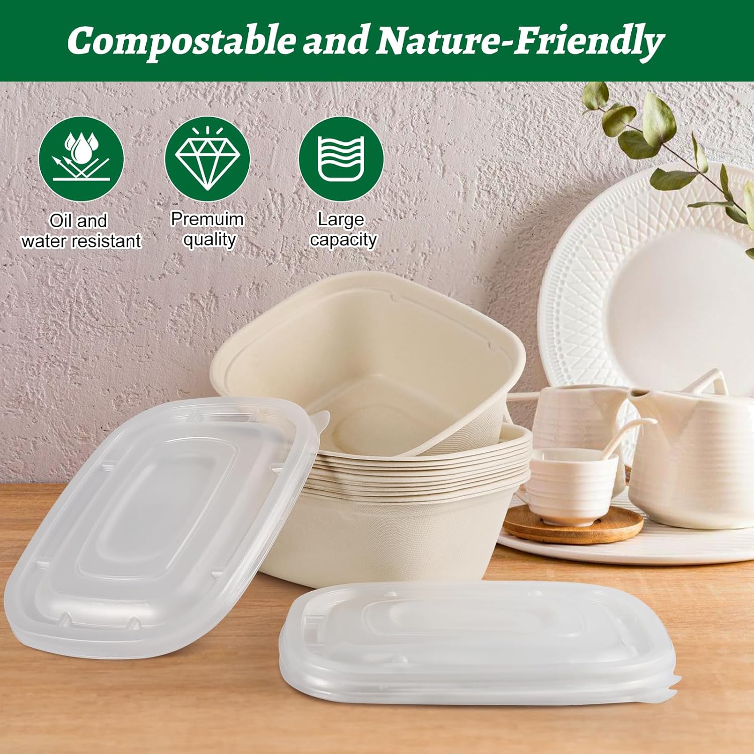 50 Pack 50 OZ Large Paper Bowls with Lids,Heavy Duty Disposable Bowls Bulk,Compostable Paper Take Out Food Containers for Hot/Cold Use,Leakproof,Microwave Safe