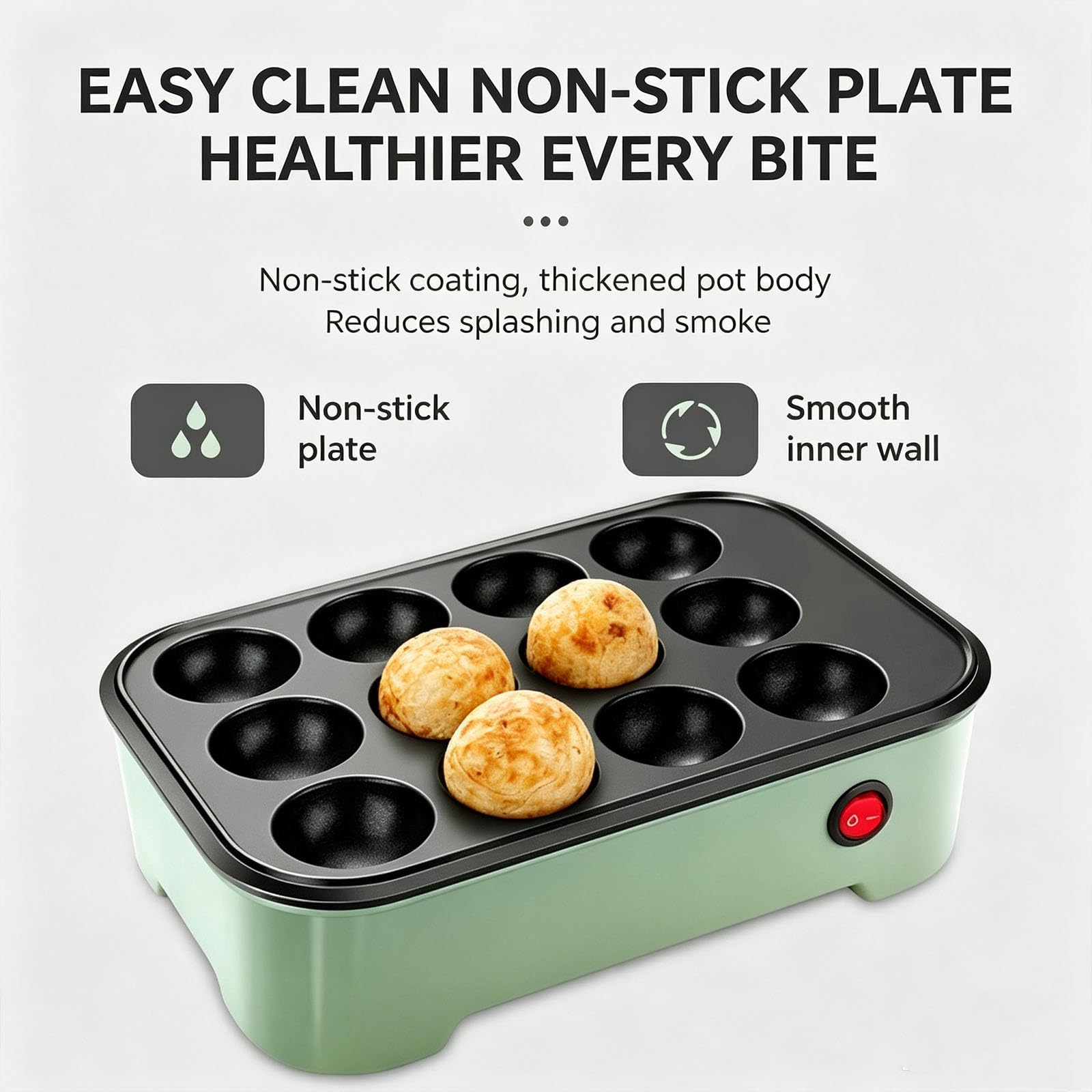 Appareil À Takoyaki 12 Trous, Poêle Électrique 800 W avec Couvercle, Contrôle Automatique De La Température, Revêtement Antiadhésif pour Préparer des Takoyaki, Œufs Au Plat, Beignets Et
