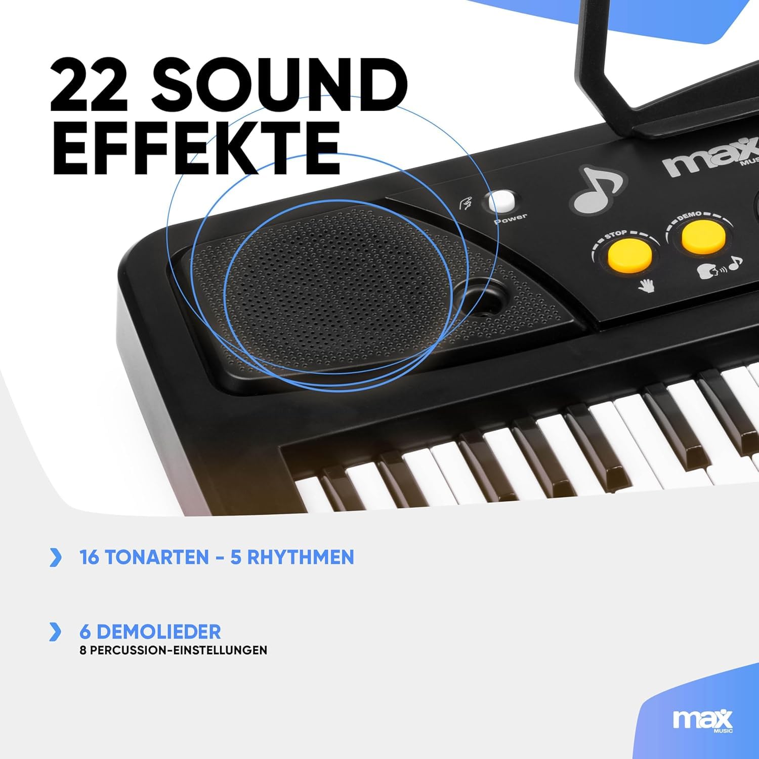 MAX KD61 Elektronische Tastatur für Kinder, 61 Tasten, mit Akku, Mikrofon, LED-Display, Aufnahme, Rhythmen, Akkorde und Lernfunktionen für Anfänger ab 5 Jahren – Schwarz