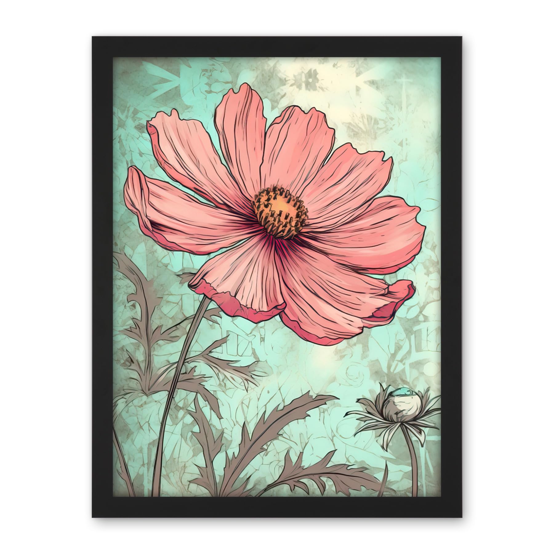 Artery8 Cosmos Flower Bloom Soft Pink and Teal Watercolour Artwork Framed Wall Art Print 18X24 Inch