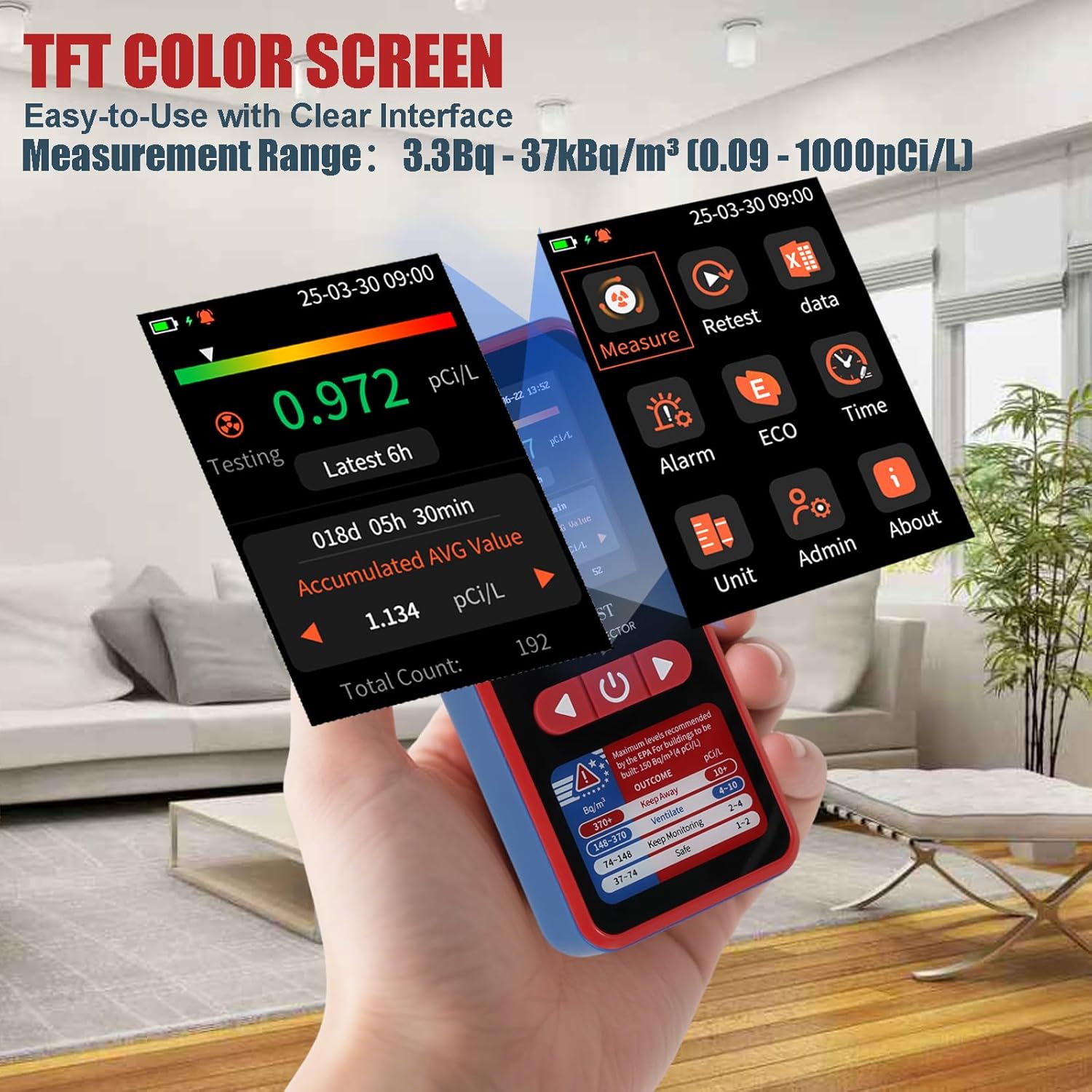 RM-60 Radon Detector with TFT Color Display, Long-Term Radon Monitor for Home, Basement, Audible & Visual Alarms, USB Type-C Rechargeable, pCi/L or Bq/m³