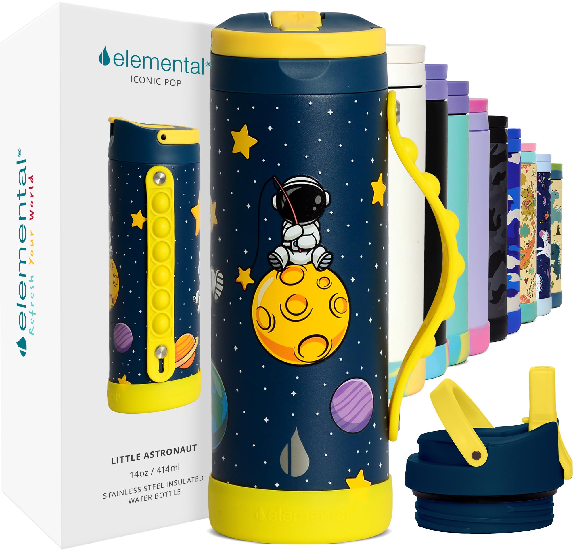 Elemental Iconic Kids Water Bottle for School - 100% Leak-Proof Insulated Water Bottles with Straw Lid & Pop-It Handle for Boys & Girls - Triple-Wall