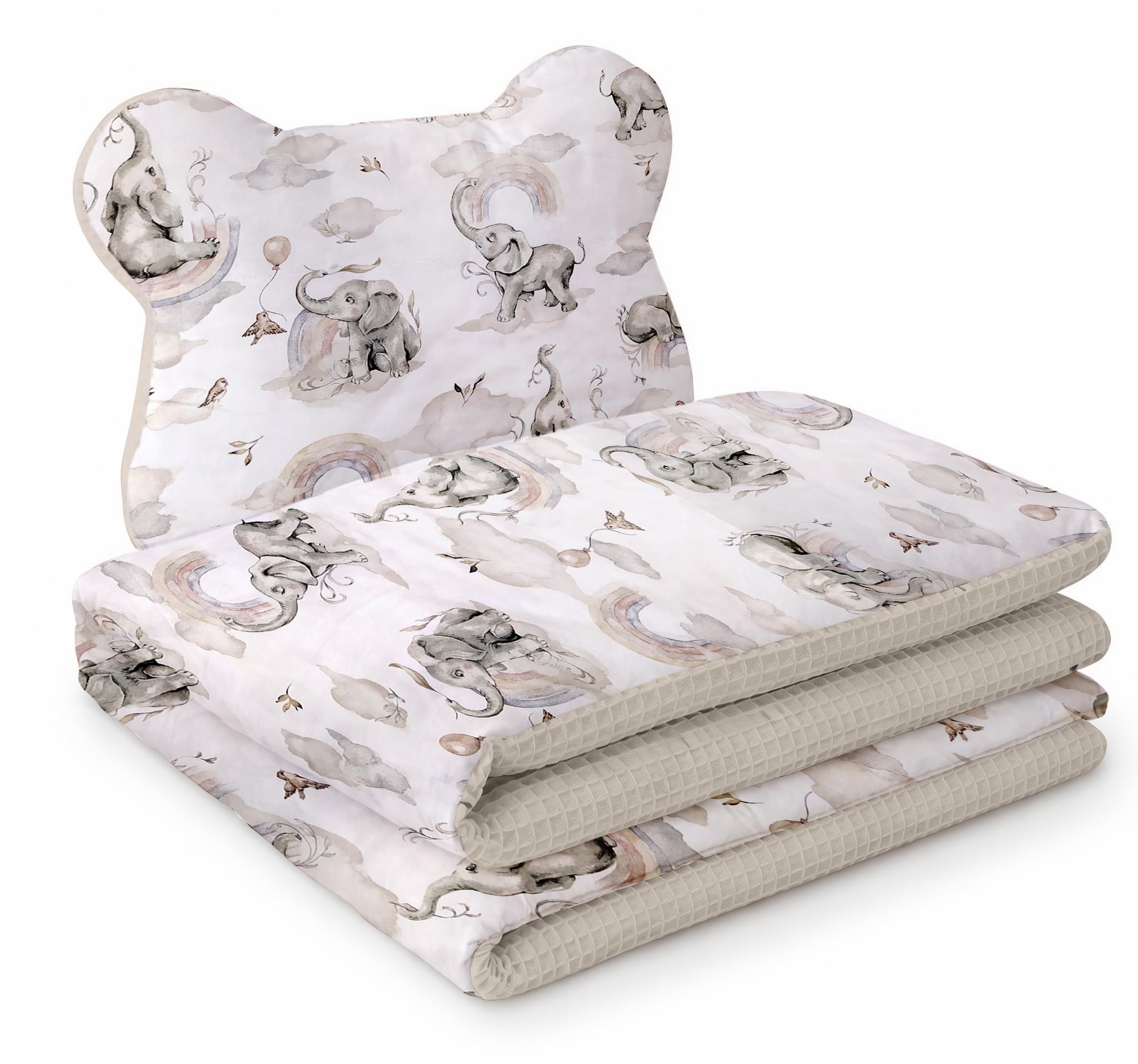 Babynest Nestchen Baby Set für Neugeborene – 5-teilig – Kuschelnest aus 100% Baumwolle & Waffelpique – Babykokon tragbar – für Babybett, Kinderbett & Kinderwagen – OEKO-TEX - Elefanten und Sand