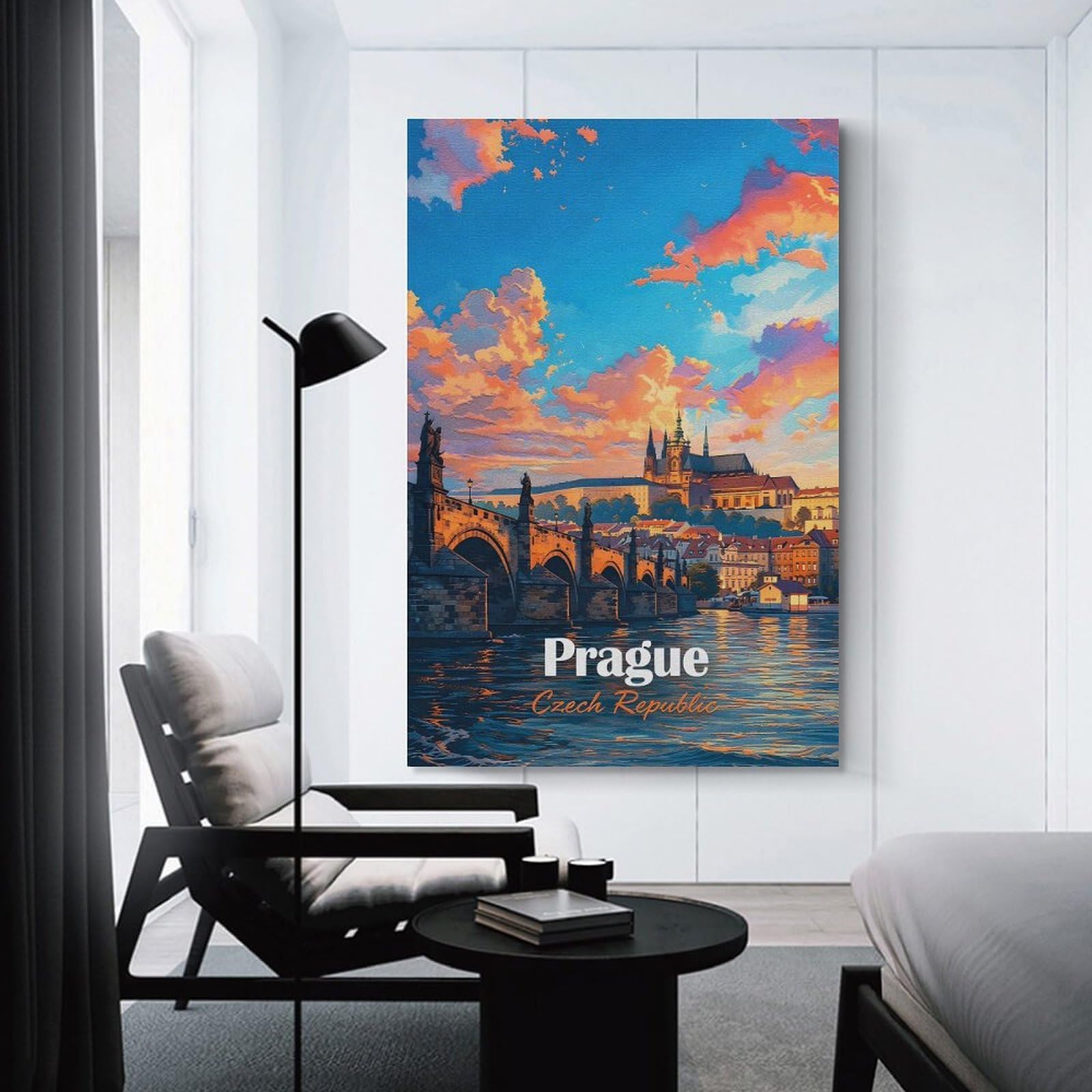 Junmoney Prague Czech Republic Cityscape Painting Decorative Wall Artwork 24x36inch(60x90cm), for Entrance Spaces, Stair Walls Or Halls, A Stylish Accent for Home Entrances