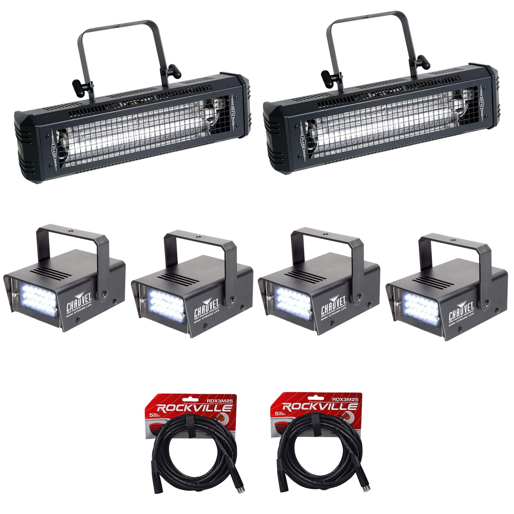 2) American DJ Mega Flash DMX 800W Compact Strobe Lights+4) Mini Strobes+Cables