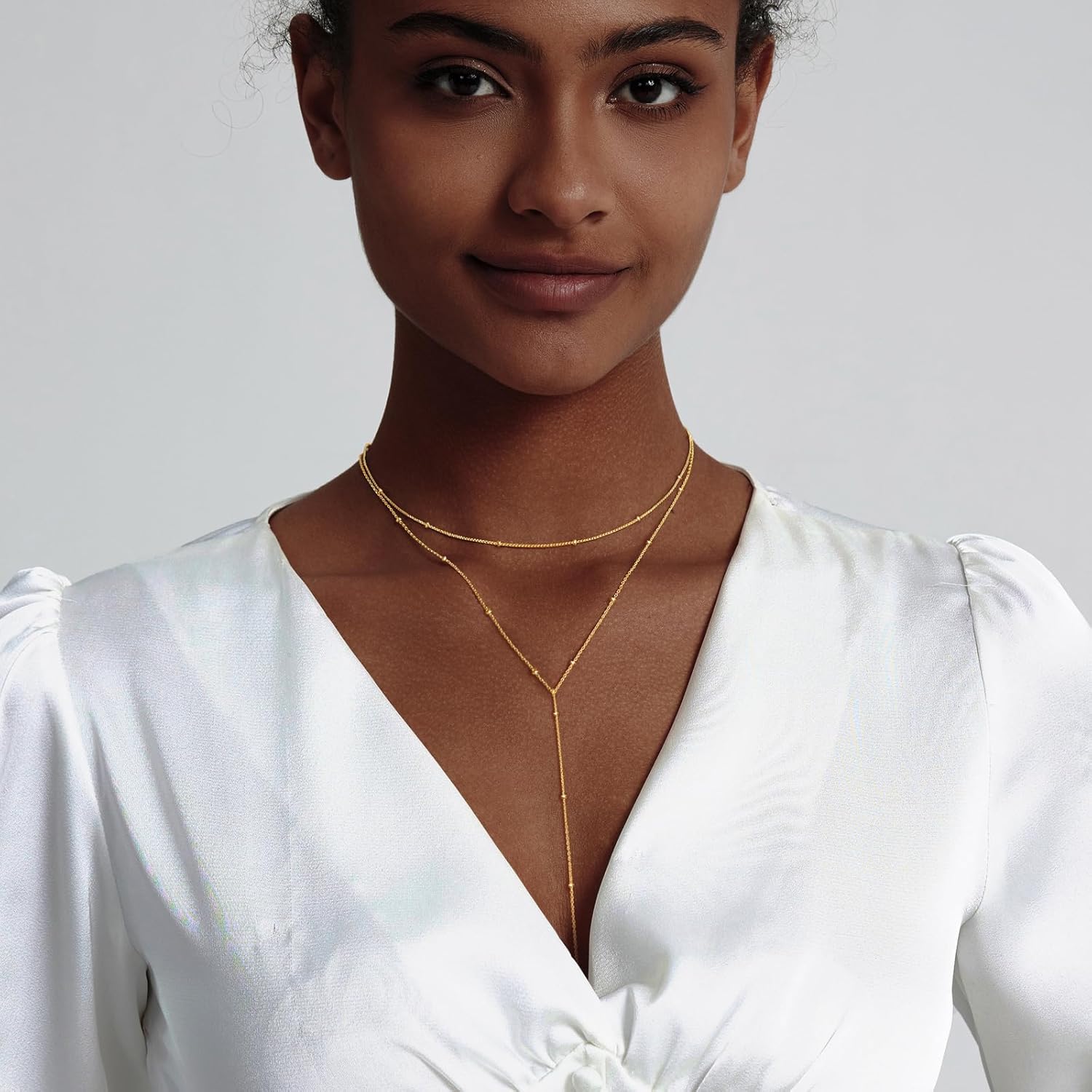 Gold Necklace for Women Trendy Lariat Y Necklace Dainty 14k Gold Plated/Silver Long Necklaces for Women Layered Beaded Drop Necklaces Simple Y-Shaped Chain Jewelry Gifts - Image 6