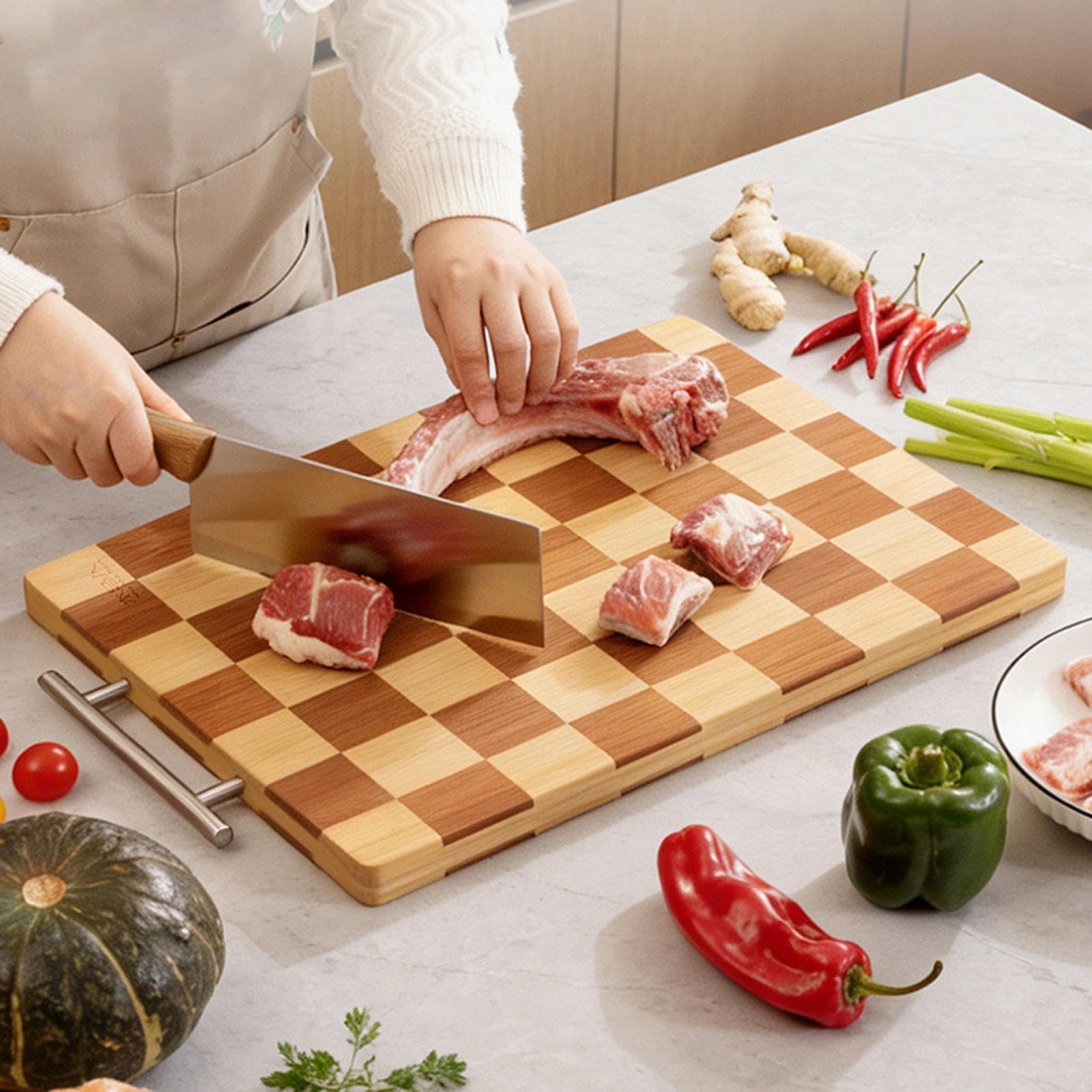Tabla de cortar grande de bambú para cocina, tabla de cortar gruesa antideslizante con superficie de doble cara de grado alimenticio para carne, pescado, verduras